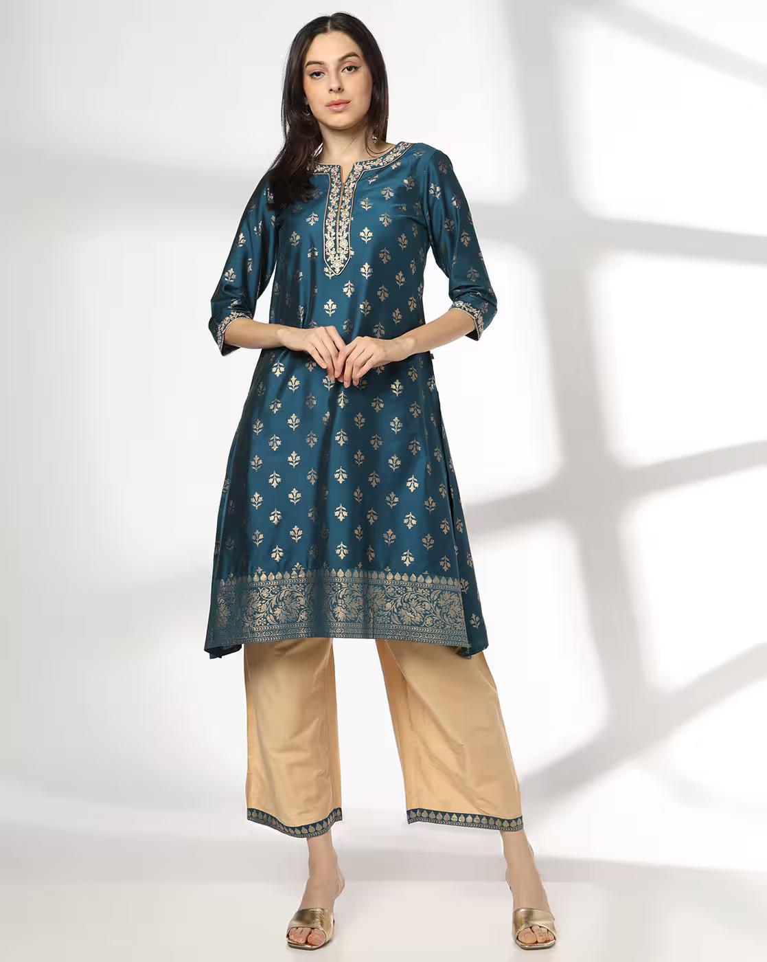 AVAASA SET | Women Foil Print A-Line Kurta & Palazzos Set|0