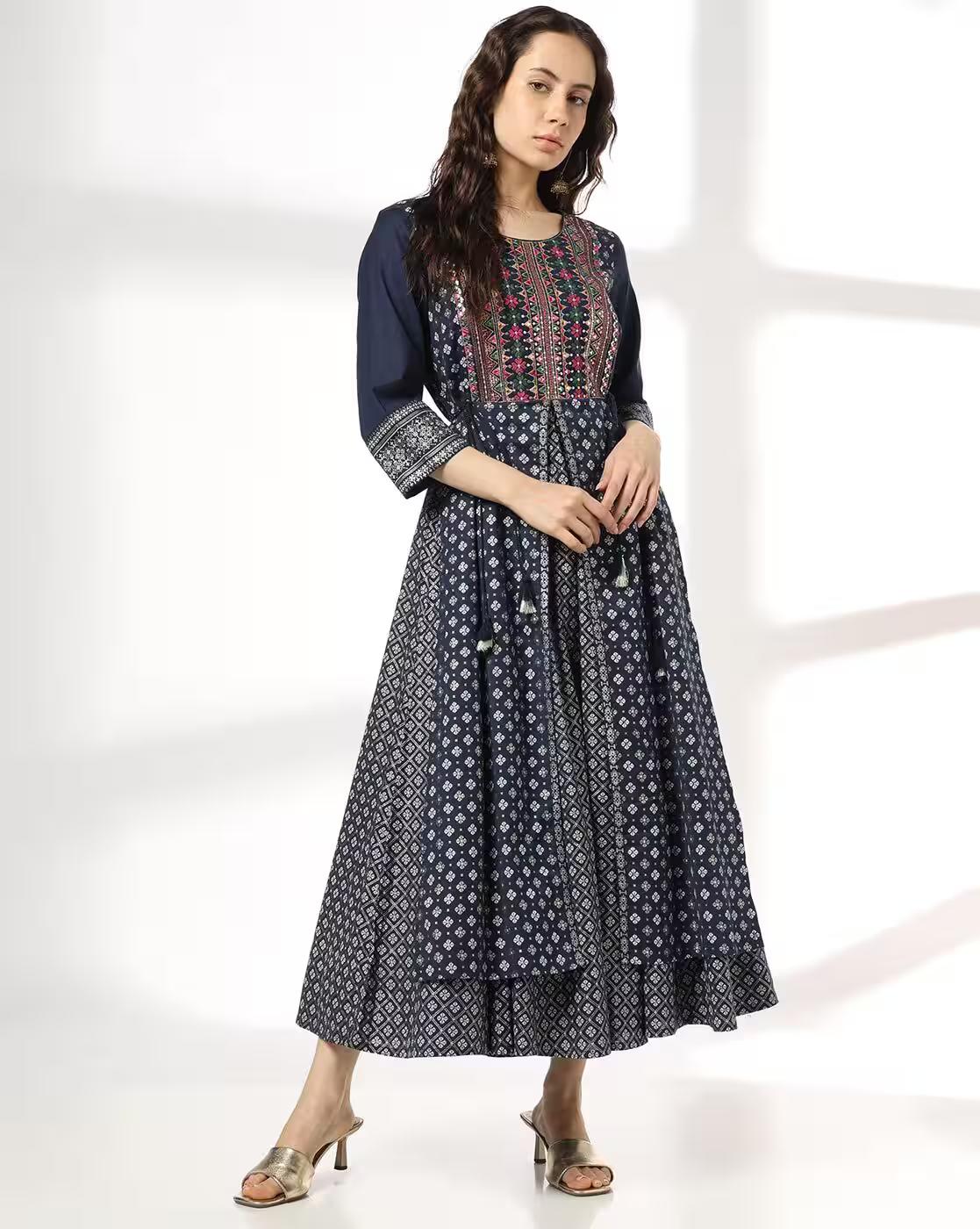 AVAASA SET | Women Fit & Flare Dress with Embroidered Yoke|0