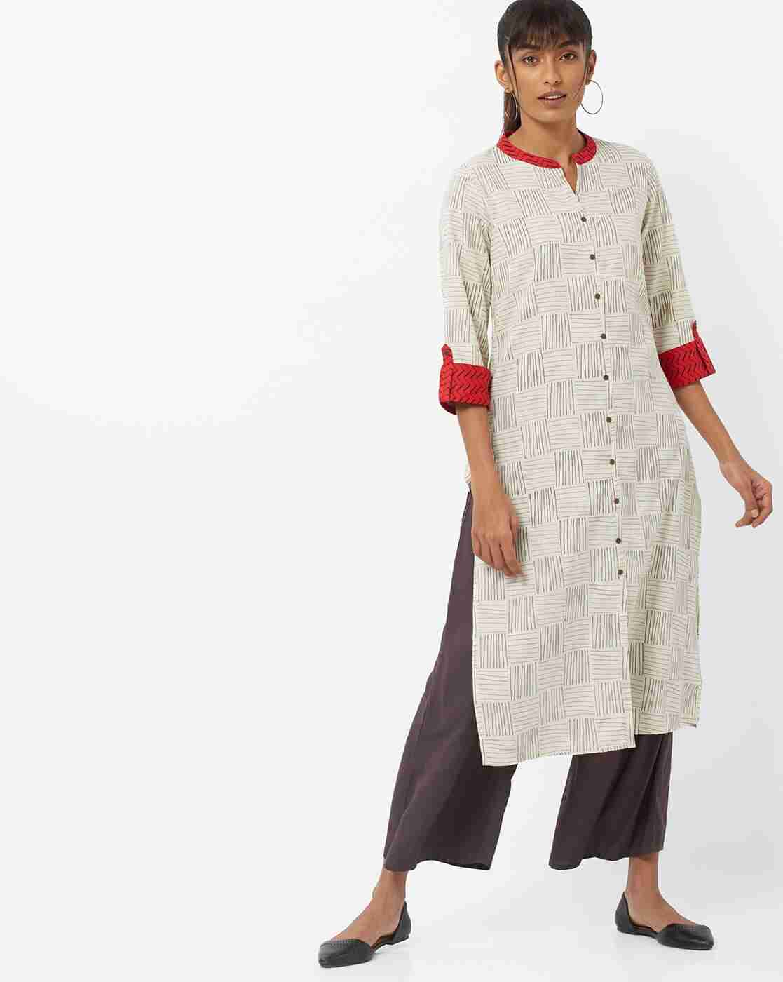 Striped Straight Kurta with Notched Mandarin Collar