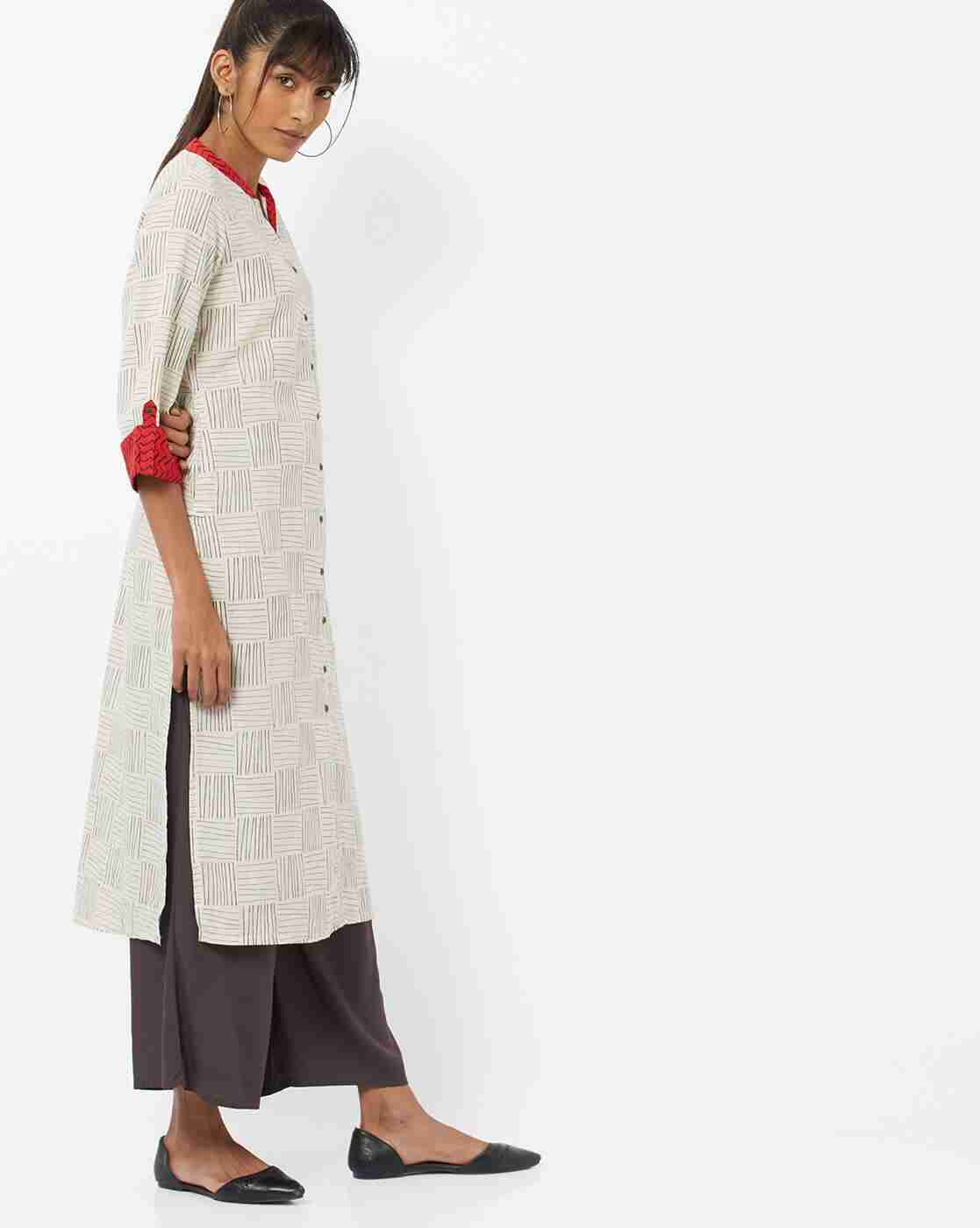 AVAASA WORKWEAR | Striped Straight Kurta with Notched Mandarin Collar
