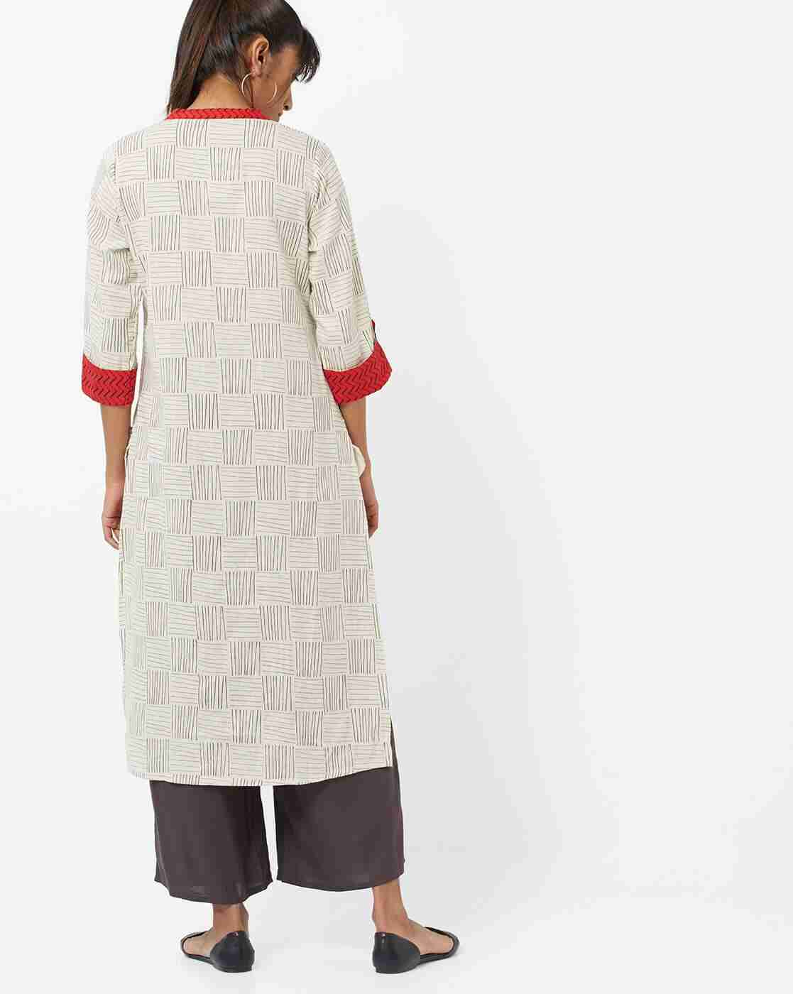 AVAASA WORKWEAR | Striped Straight Kurta with Notched Mandarin Collar|2