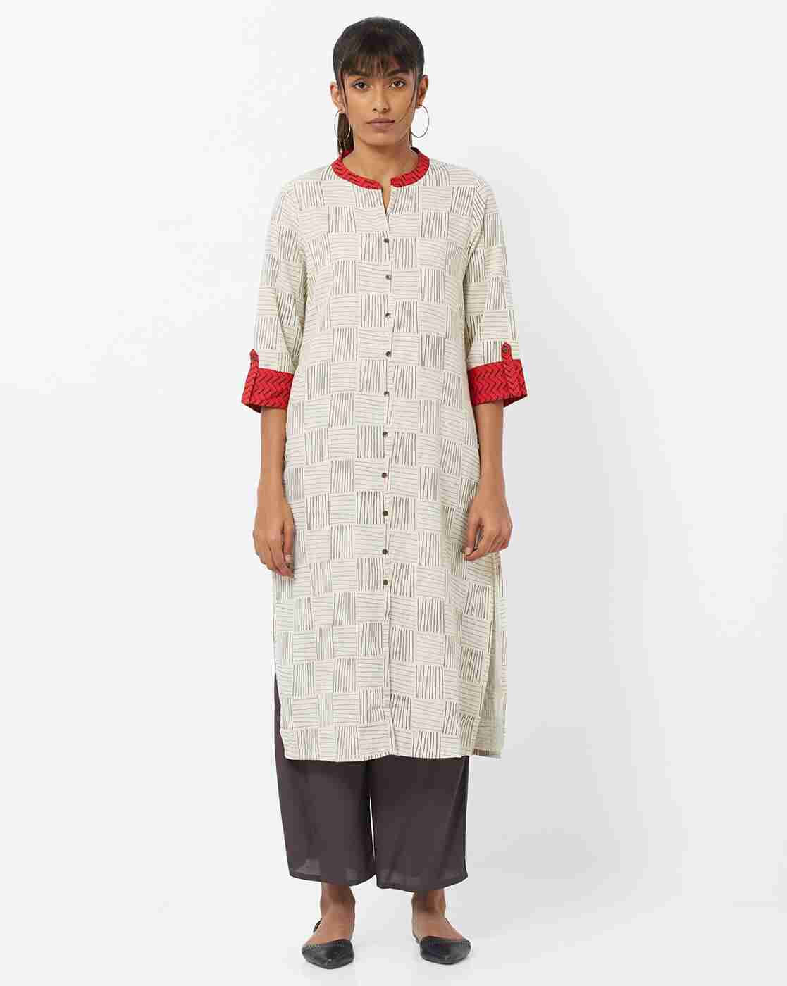 AVAASA WORKWEAR | Striped Straight Kurta with Notched Mandarin Collar|3