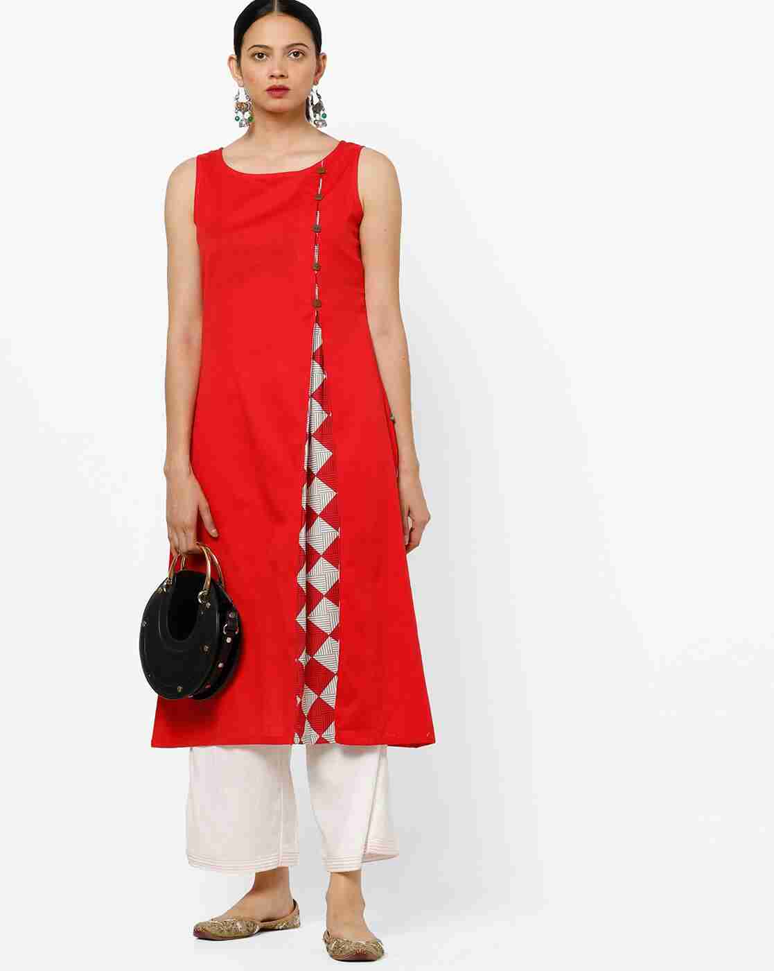 Sleeveless A-line Kurta with Printed Panel