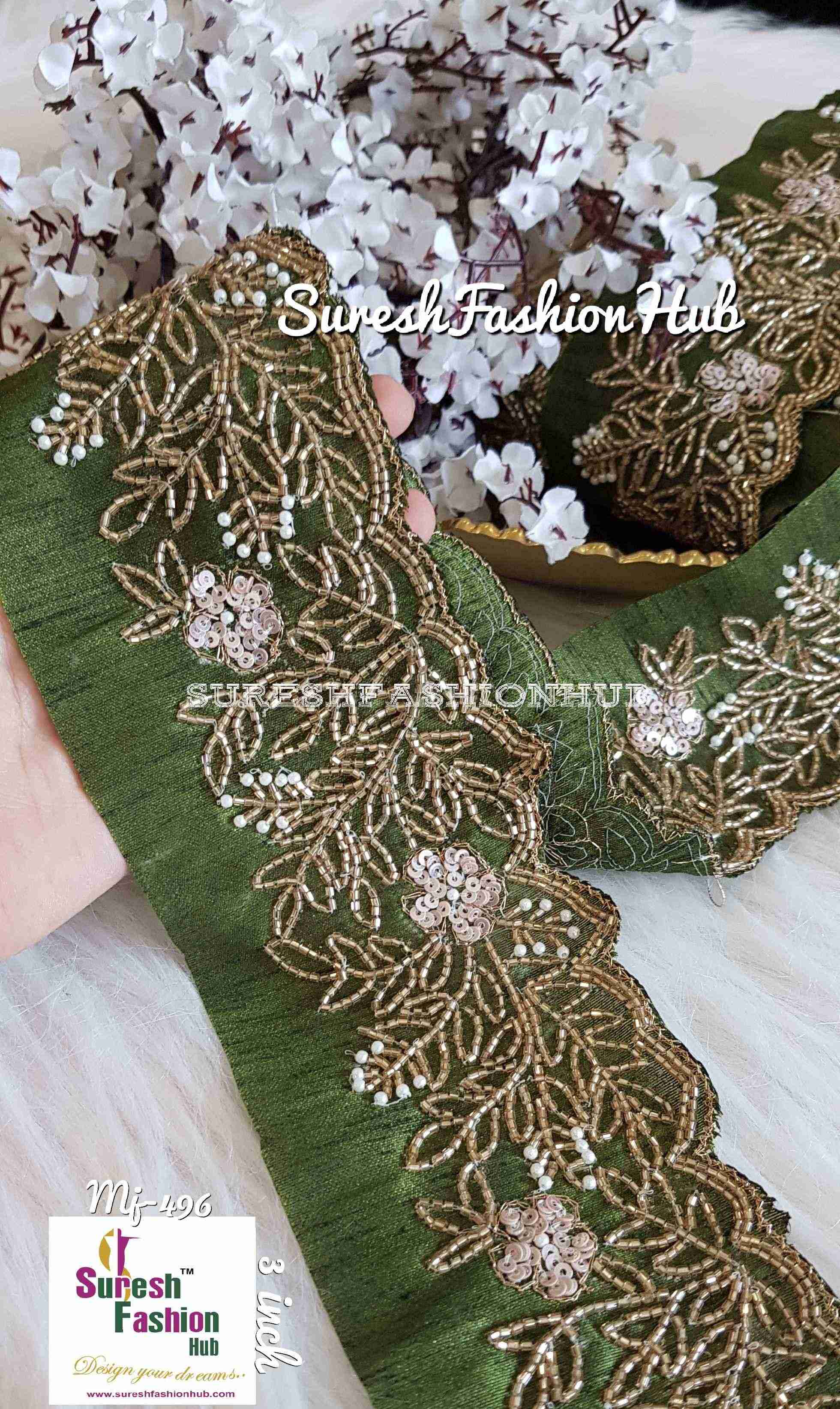 Hand Embroidered Mehendi Green Heavily Studded Trim