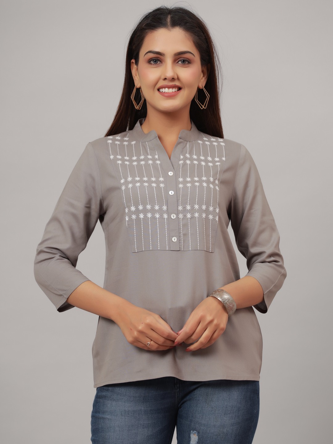Grey Embroidered Pure Rayon Top