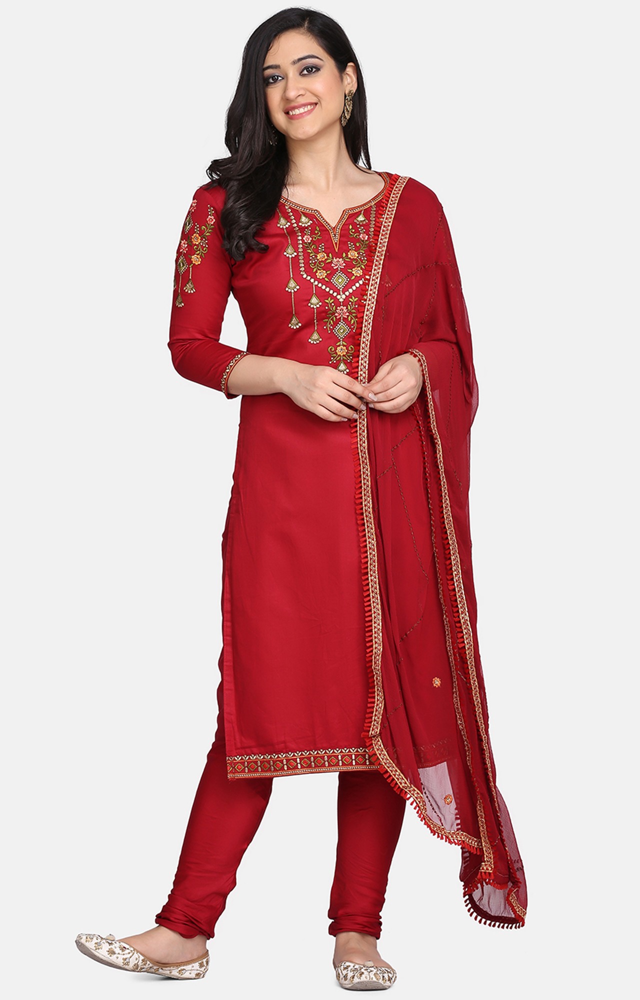 Maroon Color Cotton Embroidered Unstitched Dress Material-FL_PANKHUDI1098_DM