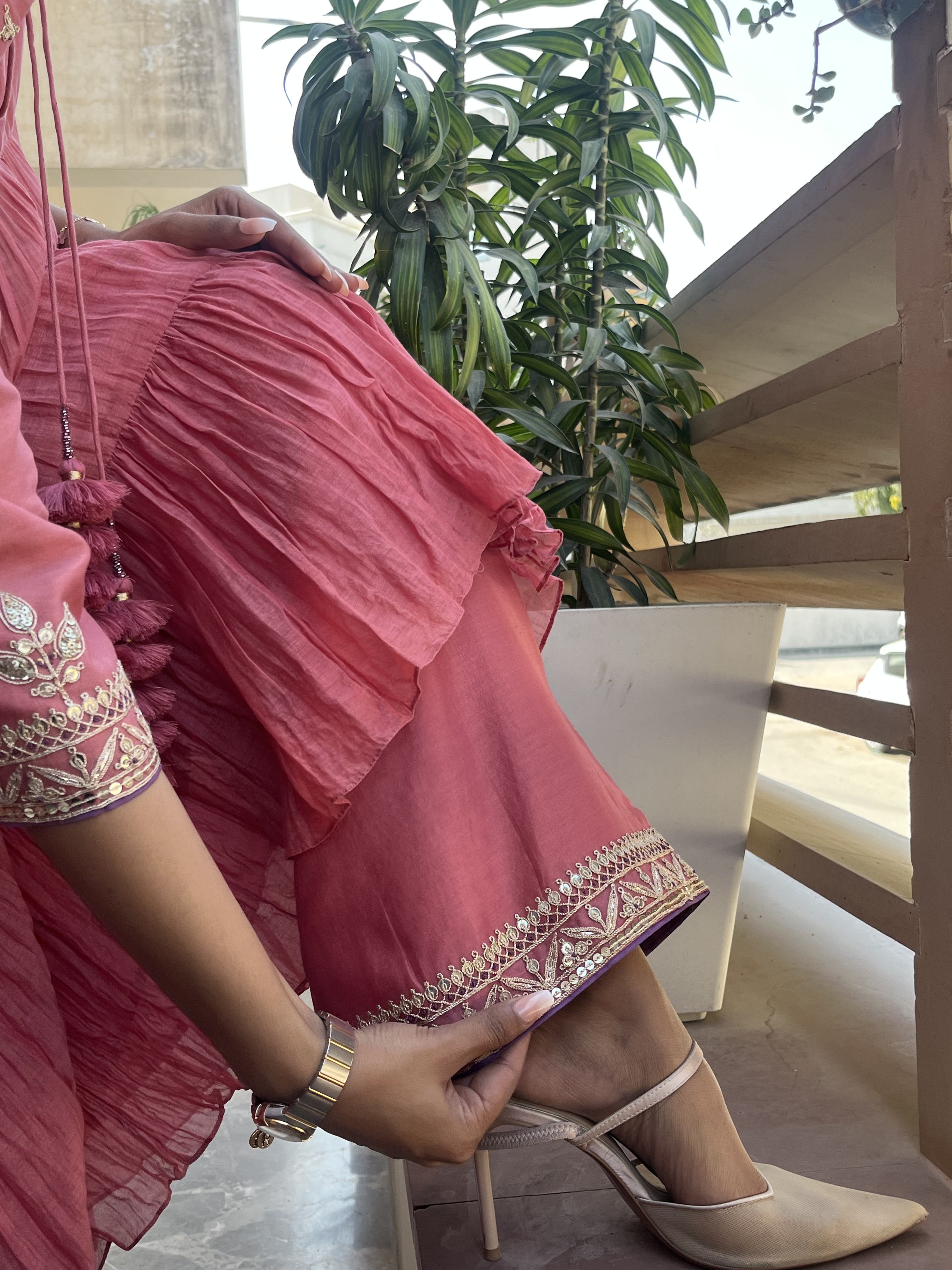RUST TIERED HANDWORK KURTA SET