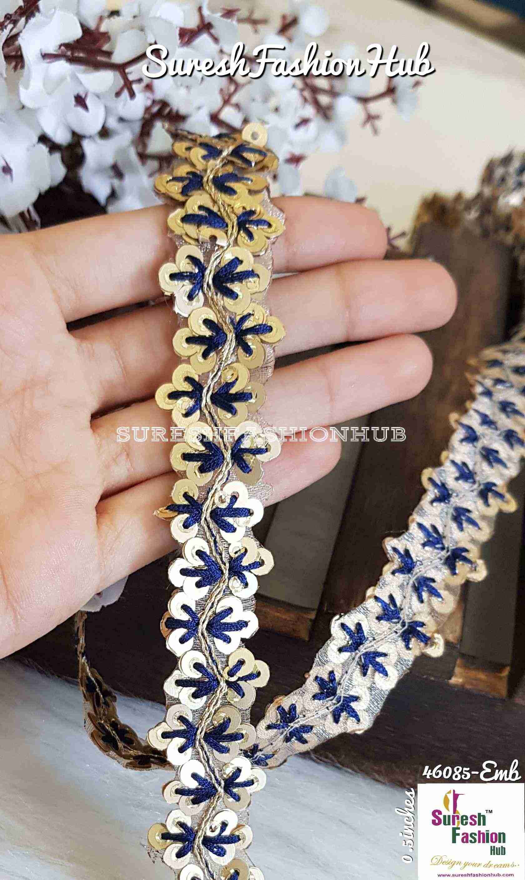 Sequence Navy Blue Thread Embroidered Leaves Designer Trim