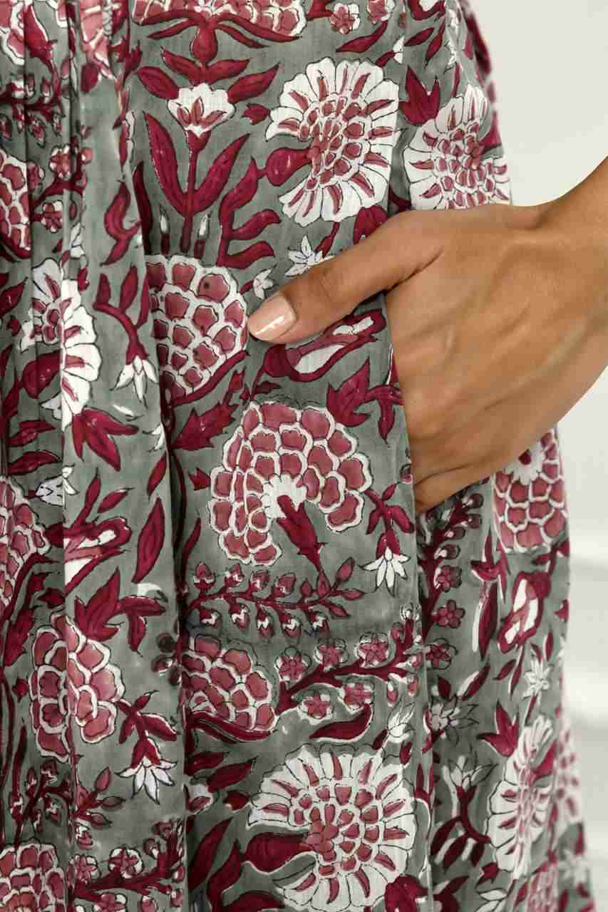 Naksh Sea Green And Red Block Printed Gathered Kurta