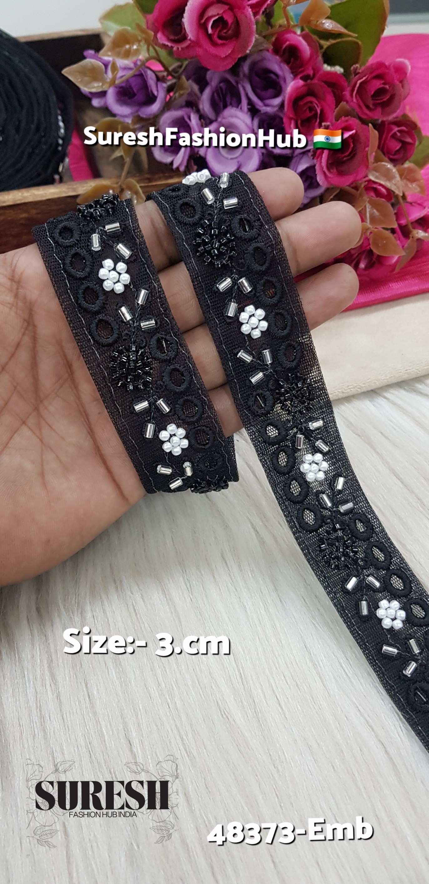 Black Tone-to-Tone Machine Hand Embroidery Lace – 48373-EMB