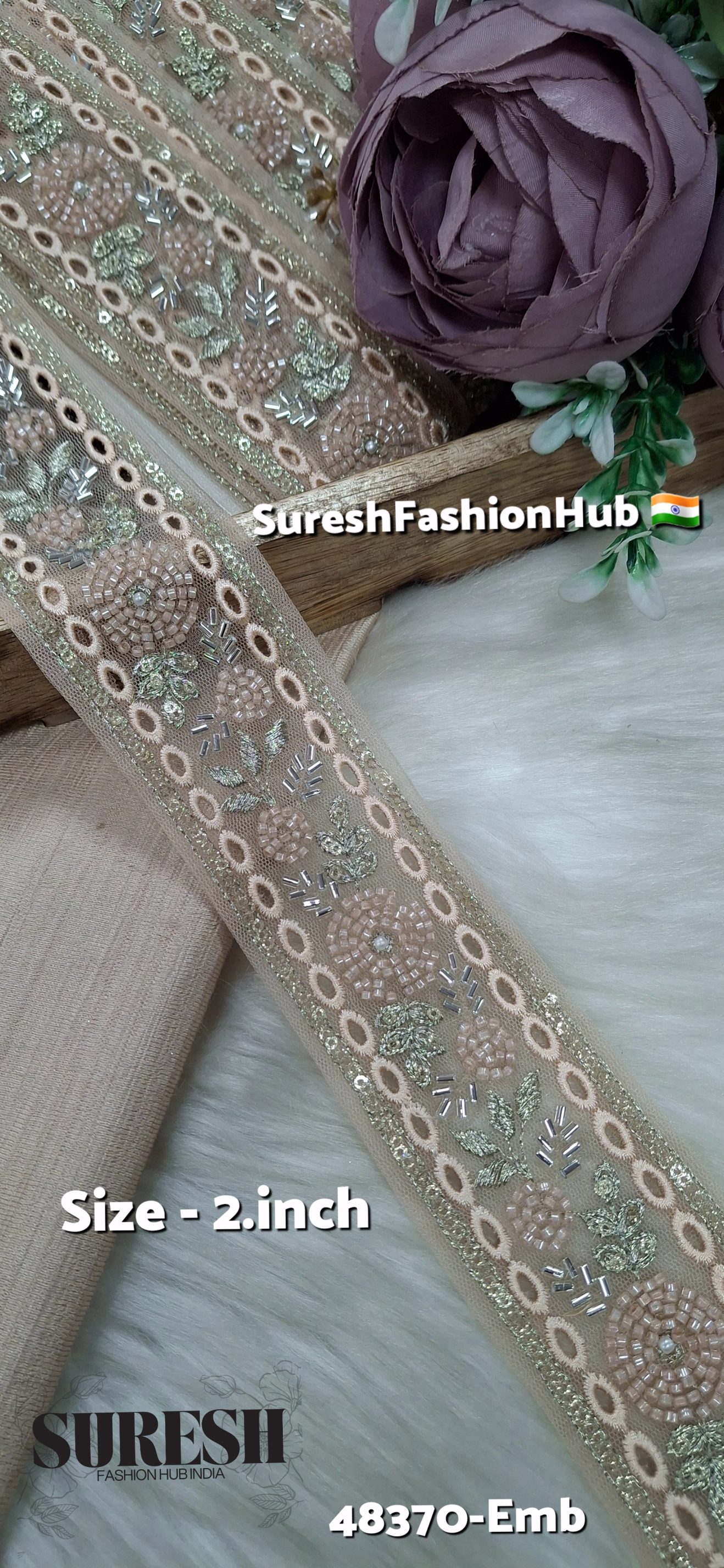 Light Peach TwinCut Floral Net Embroidered Lace