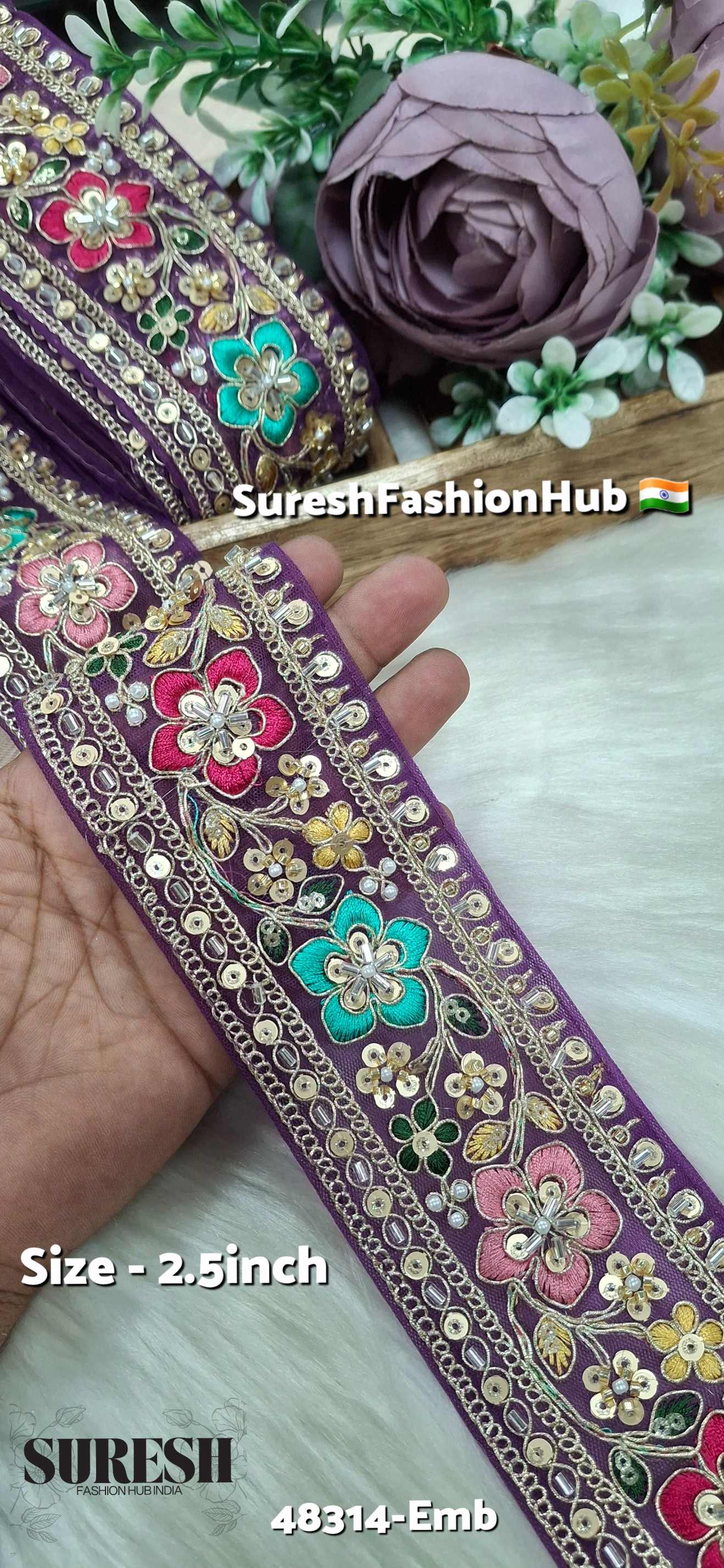 Purple Jamli  Multicolor Kaddana Floral Embroidery Lace