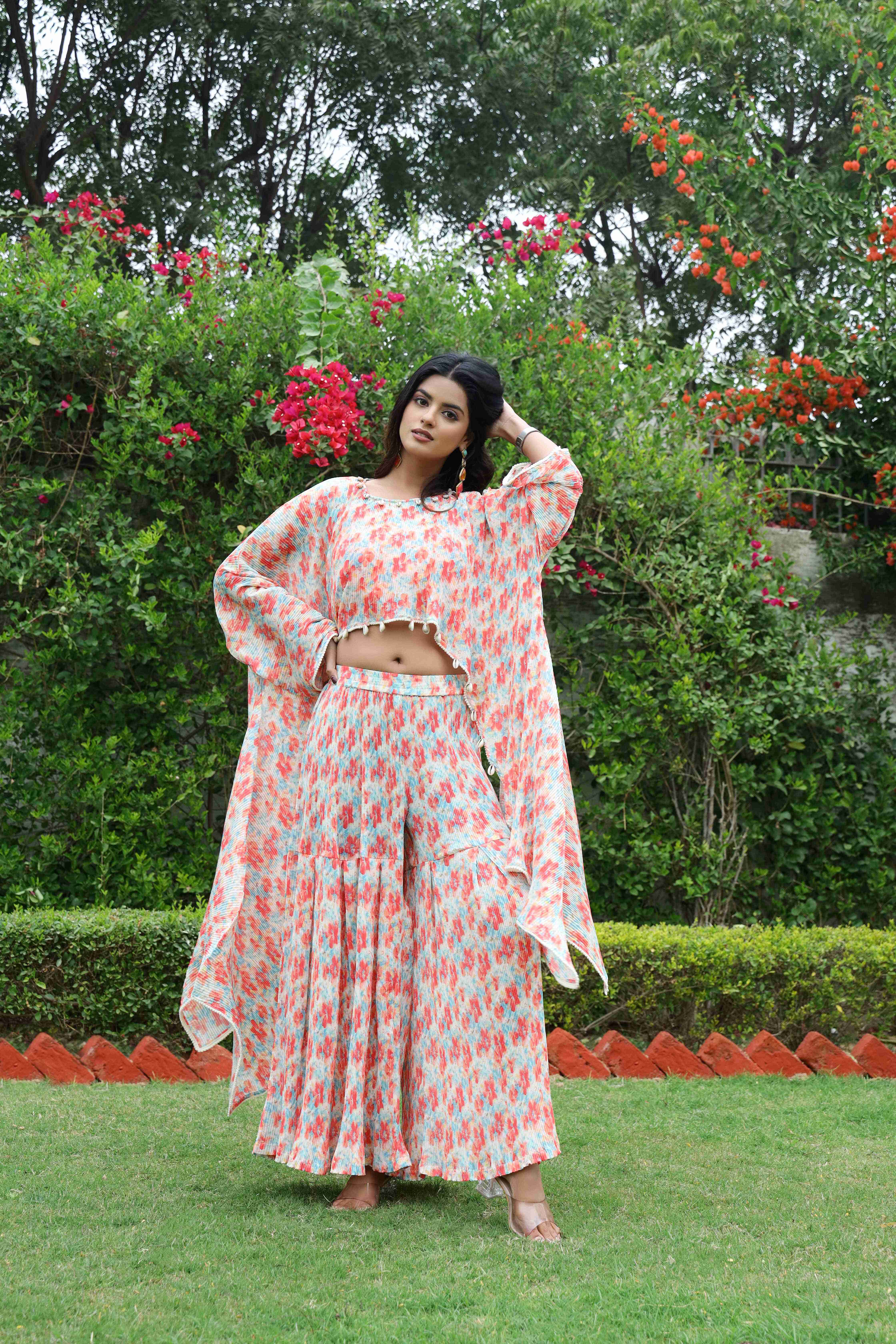 Women's Printed Embroidered kaftan top with sharara