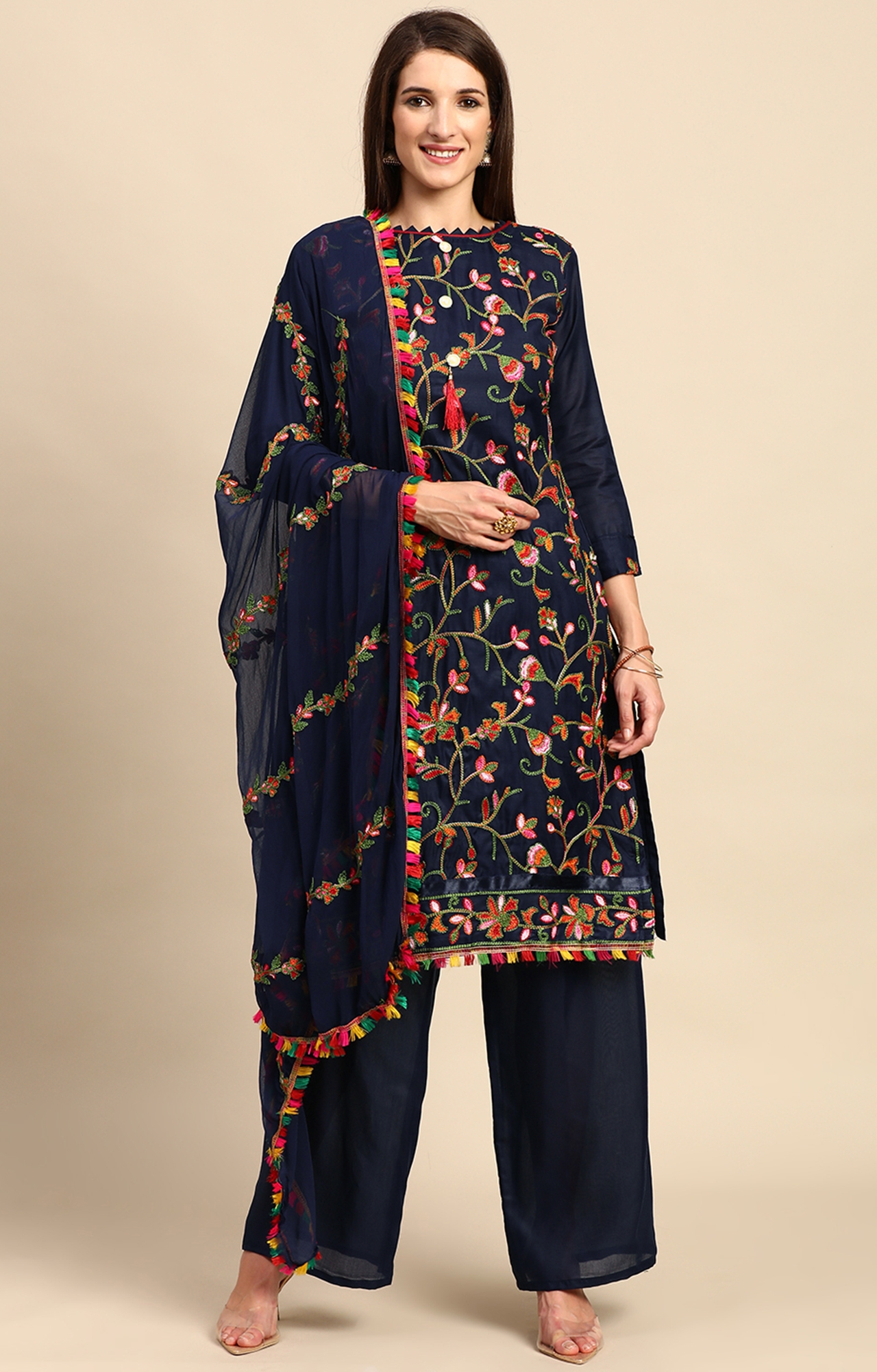 Shaily Women Navy Blue Color Cotton Embroidered With Tessels Unstitched Dress Material-VF_LILY_NBLUE_DM
