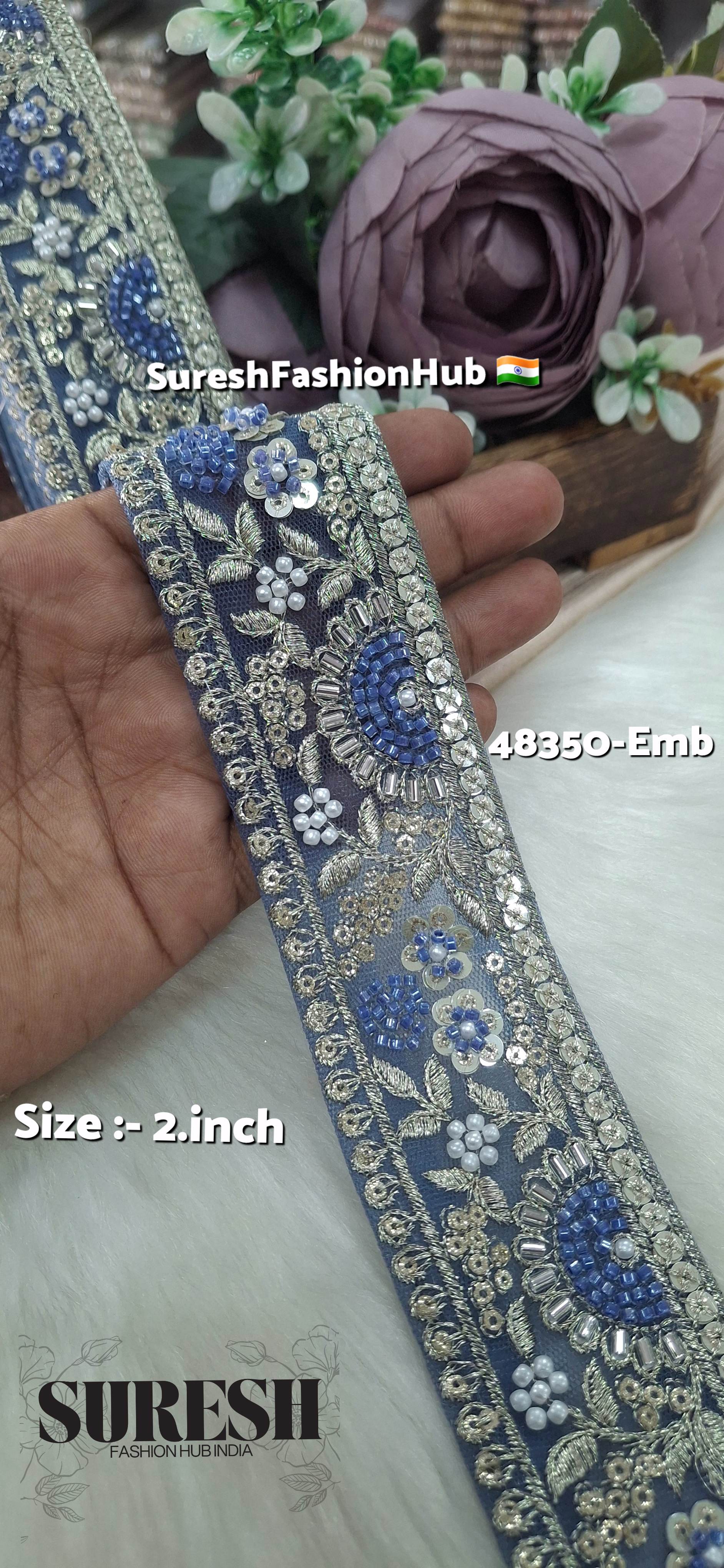 Blue PearlGlow Floral Net Embroidered Lace