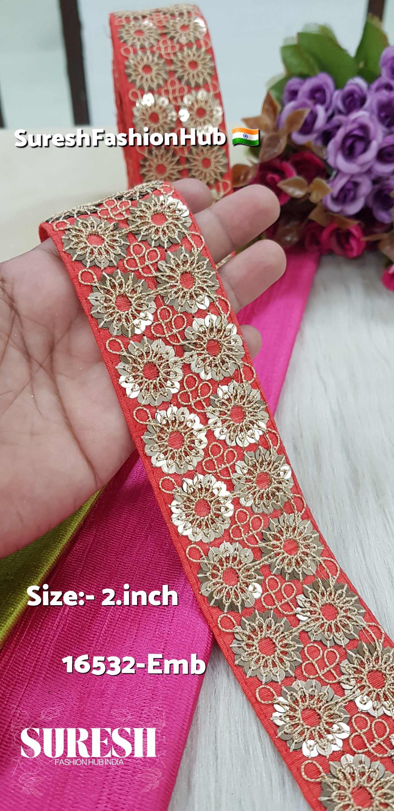 Tomato Red Sequin & Dori Embroidery Fabric Lace – 16532-Emb