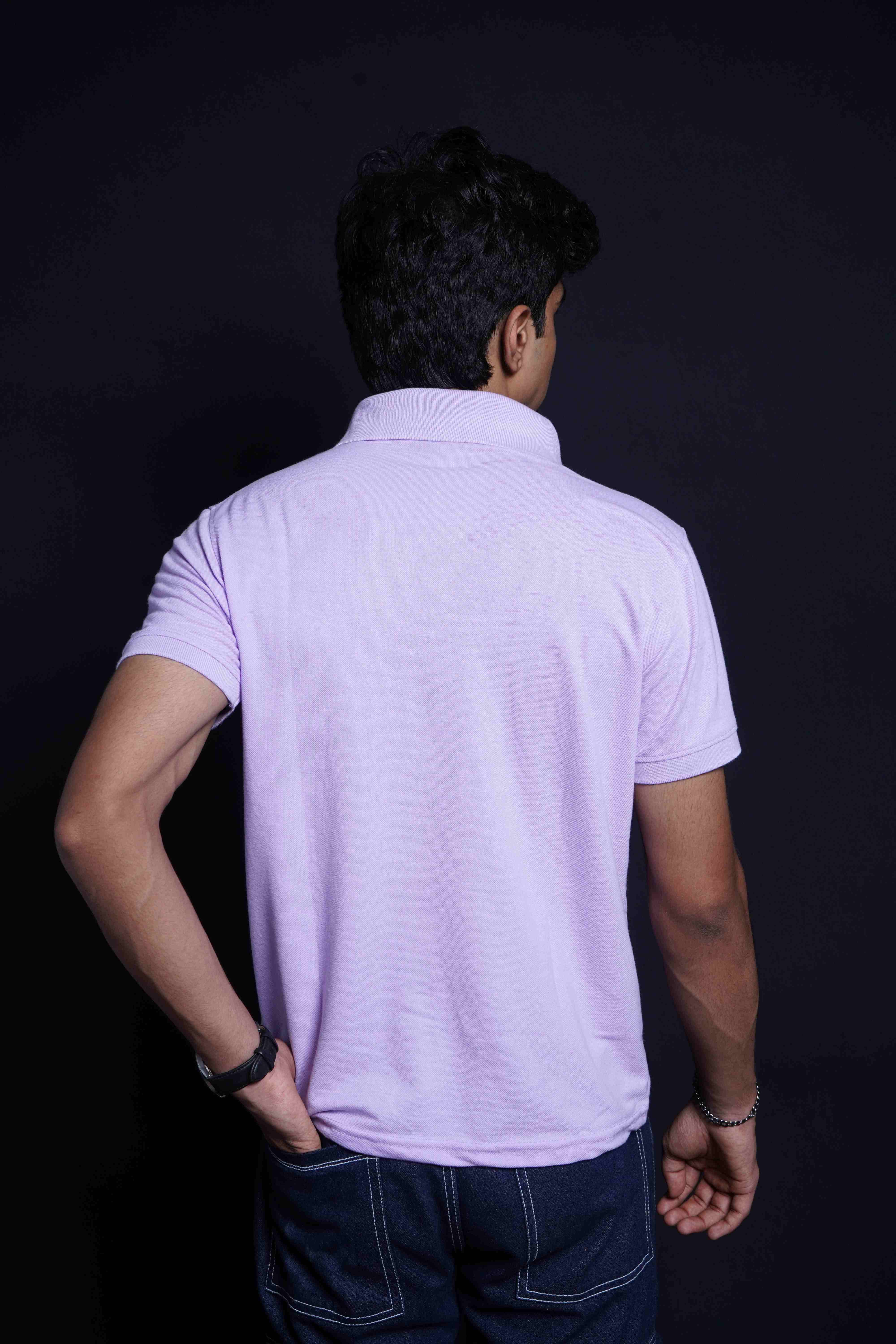 One Denim Light Purple Plain Polo Neck Cotton T-Shirt