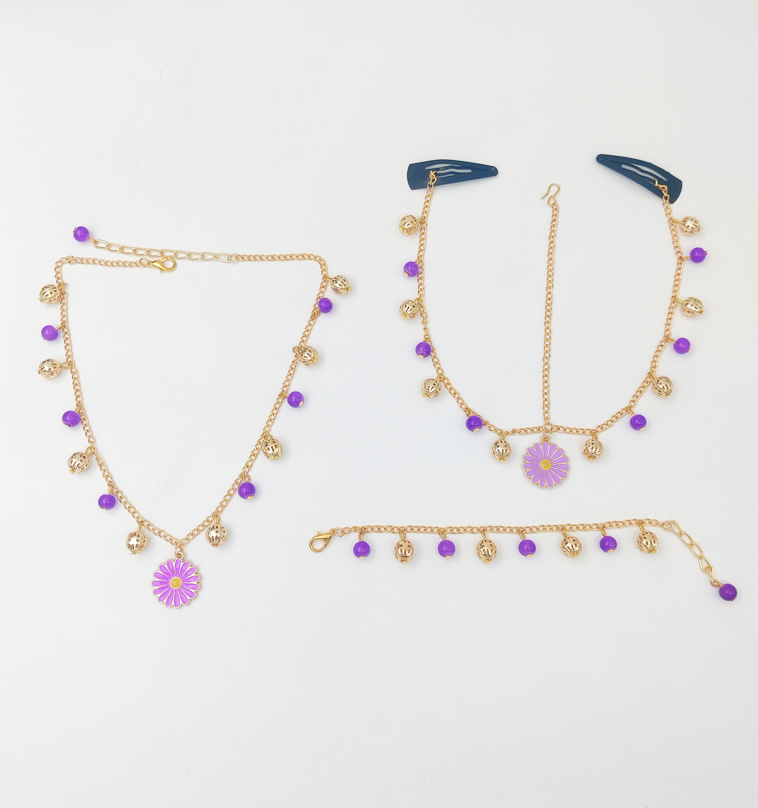 Daisy  Charmed Necklace, Bracelet & Head Chain Set - Lilac