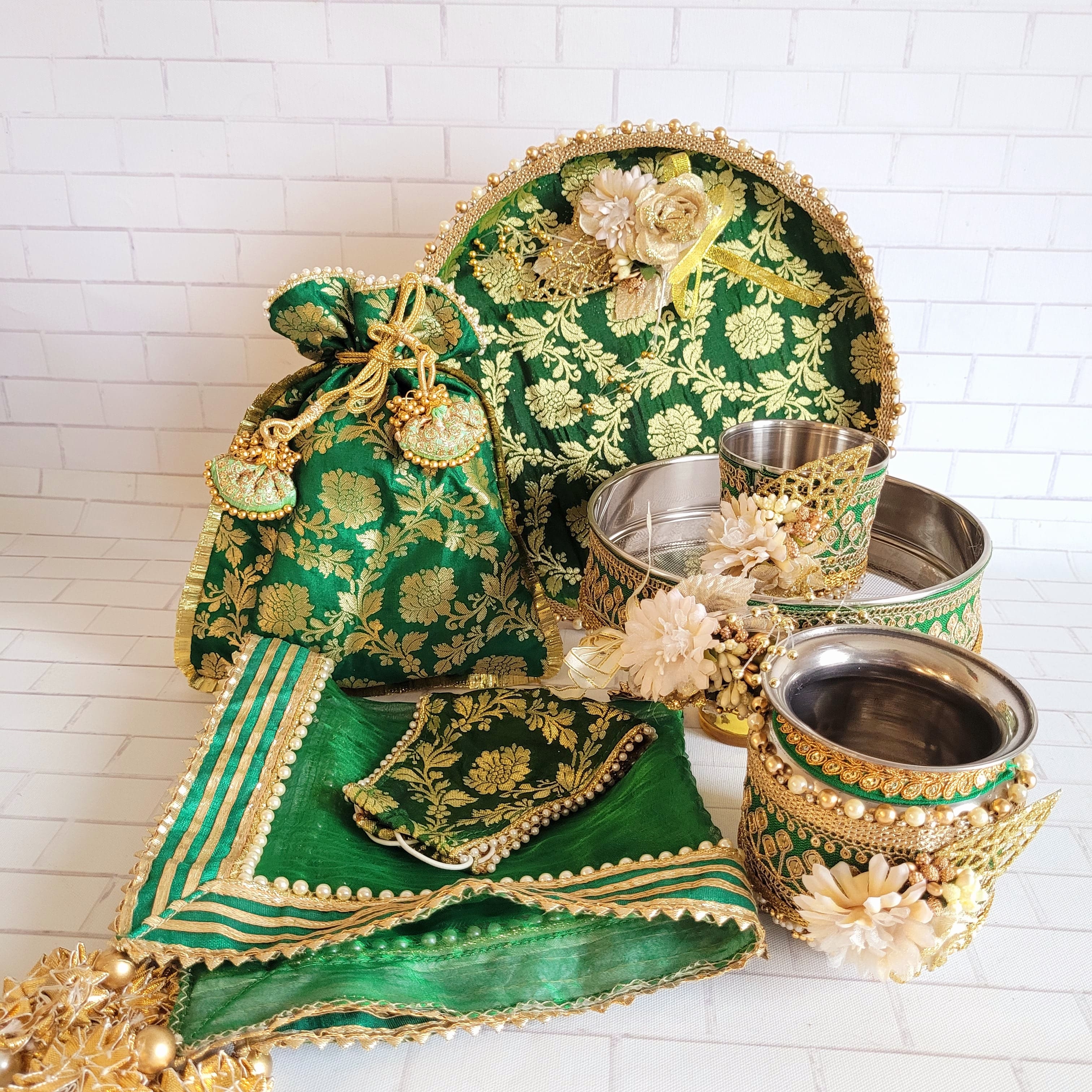 Floral art | Green & Gold Floral work Karva Chauth Thali Set undefined