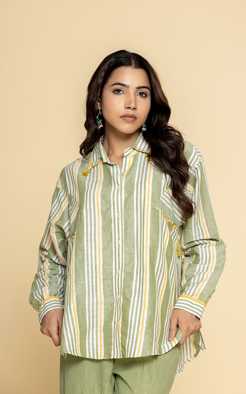 Green and yellow striped linen shirt and pants