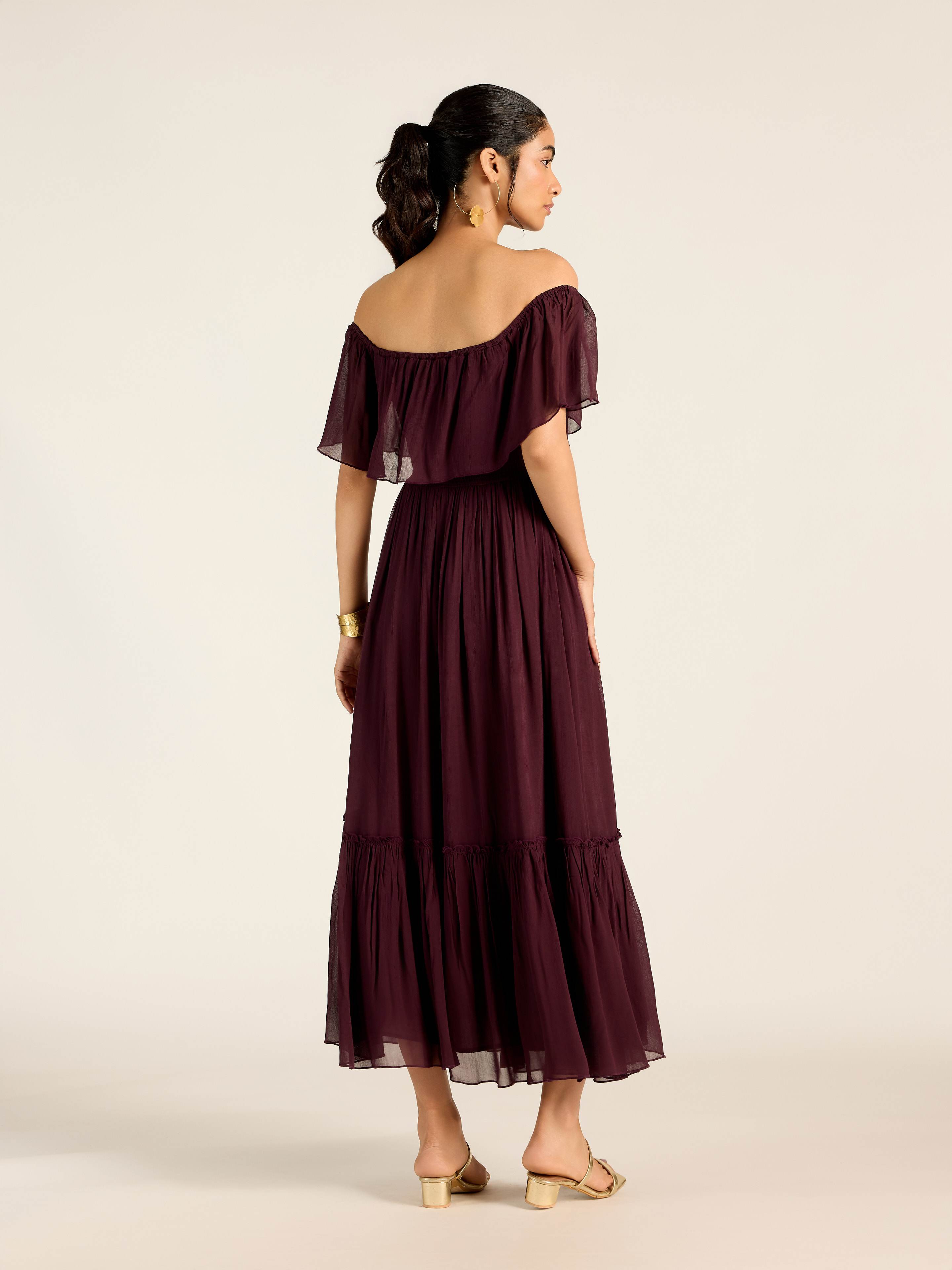 BROWN MARGO OFF-SHOULDER LONG DRESS