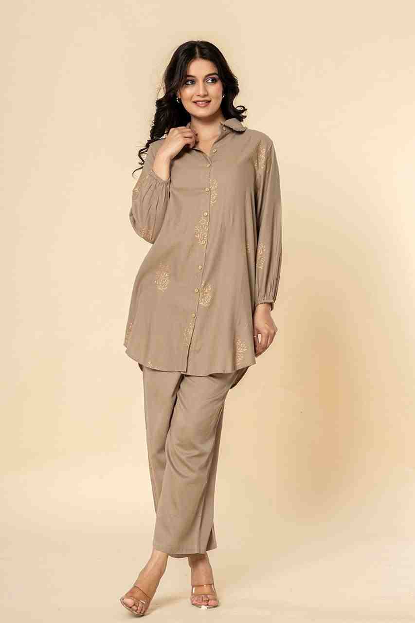 Naksh Grey Cotton Satin Co-ordinated Set With Gold Print (Set of 2)