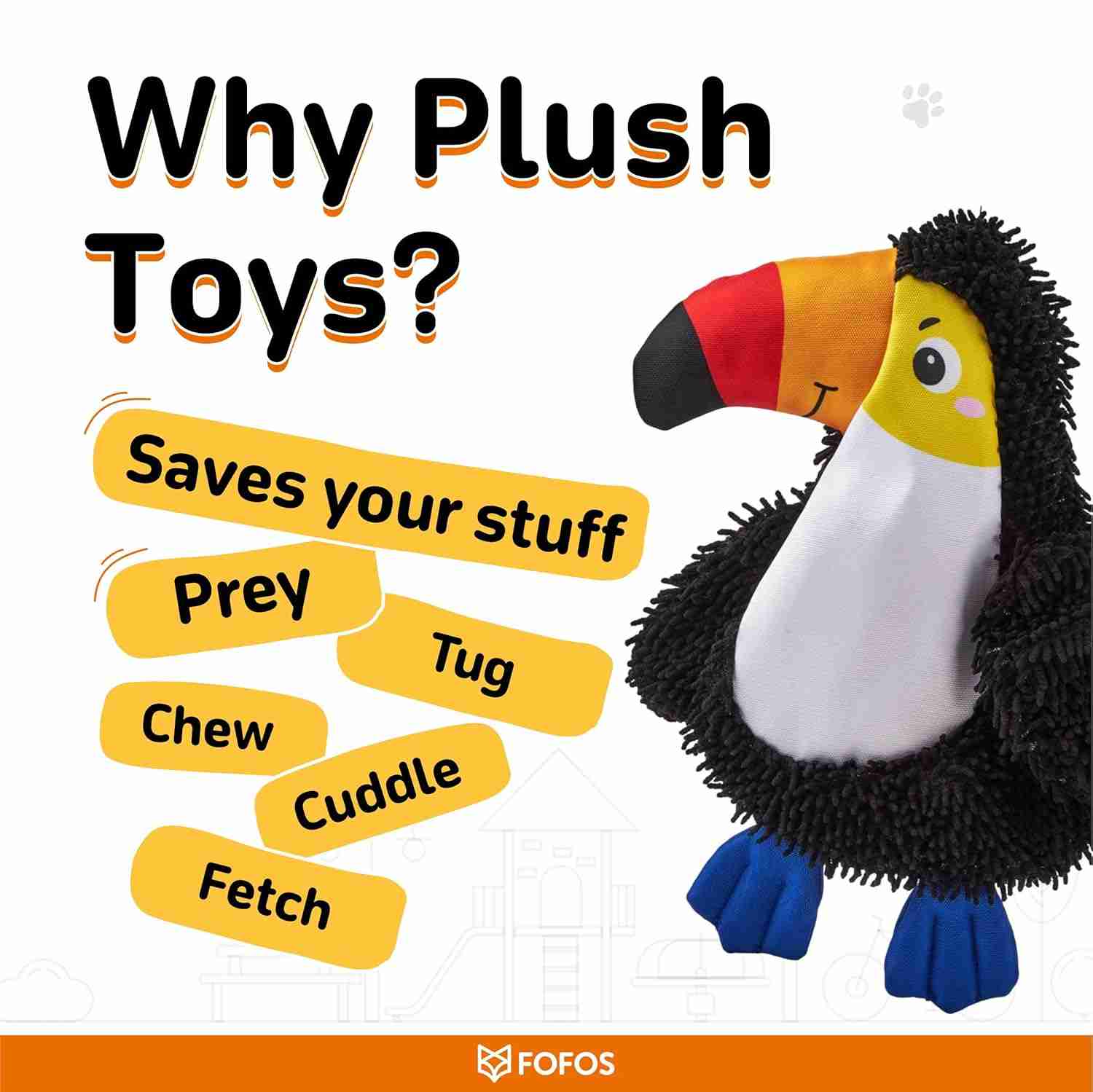 Fofos Non-Stuffing Crinkle Tough Toy Bird for Dogs, Black