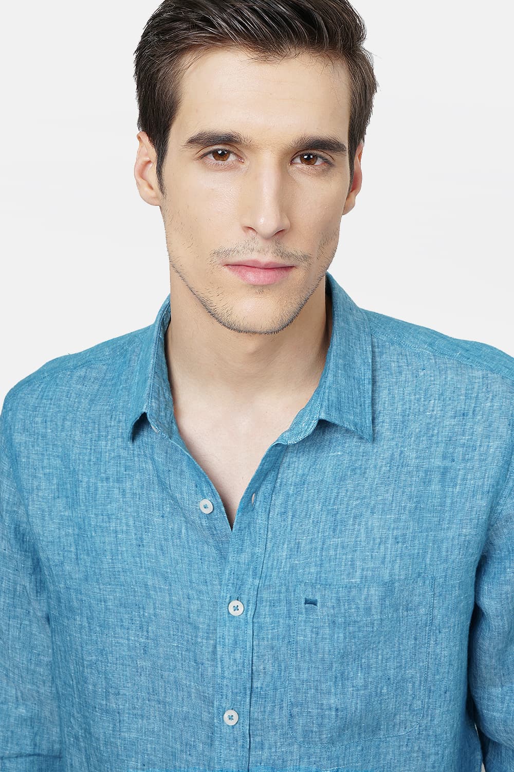 Basics Slim Fit Turquoise Linen Shirt