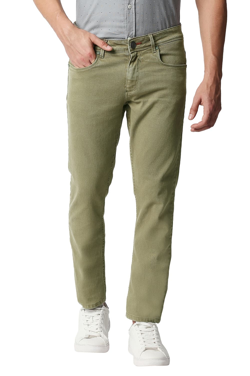 Basics | Men's Olive Cotton Blend Solid Jeans 0