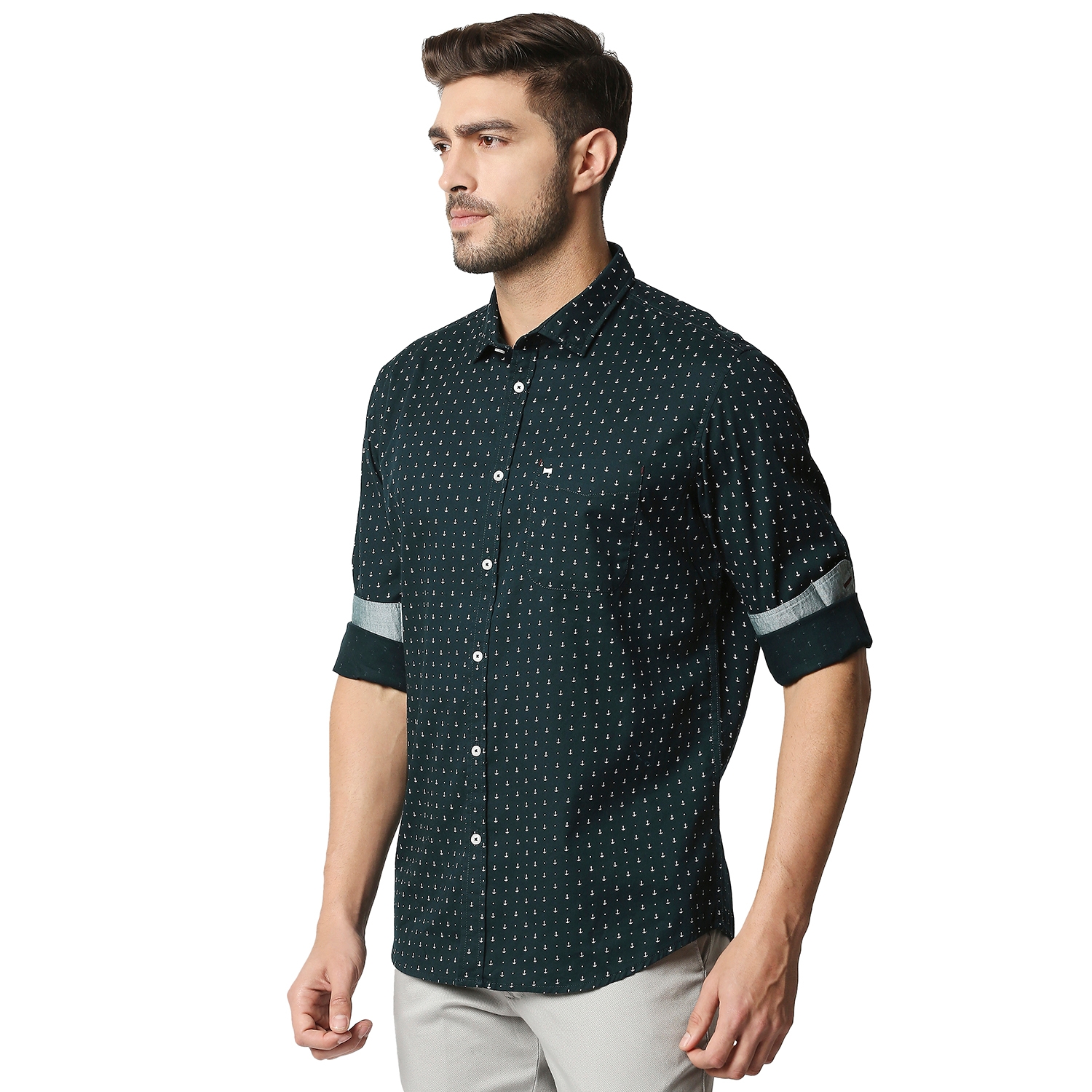 Basics | Men's Green Cotton Printed Casual Shirt 2