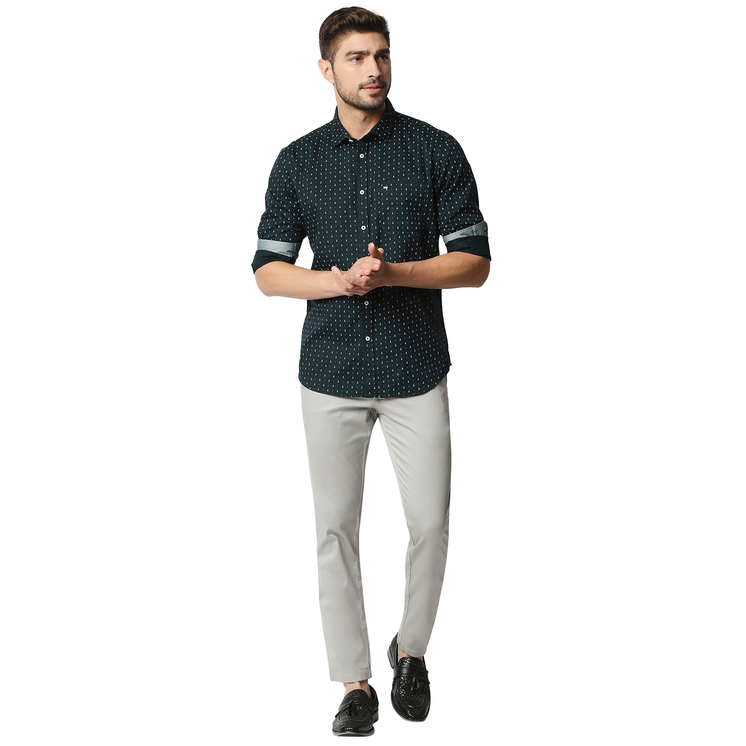 Basics | Men's Green Cotton Printed Casual Shirt 4