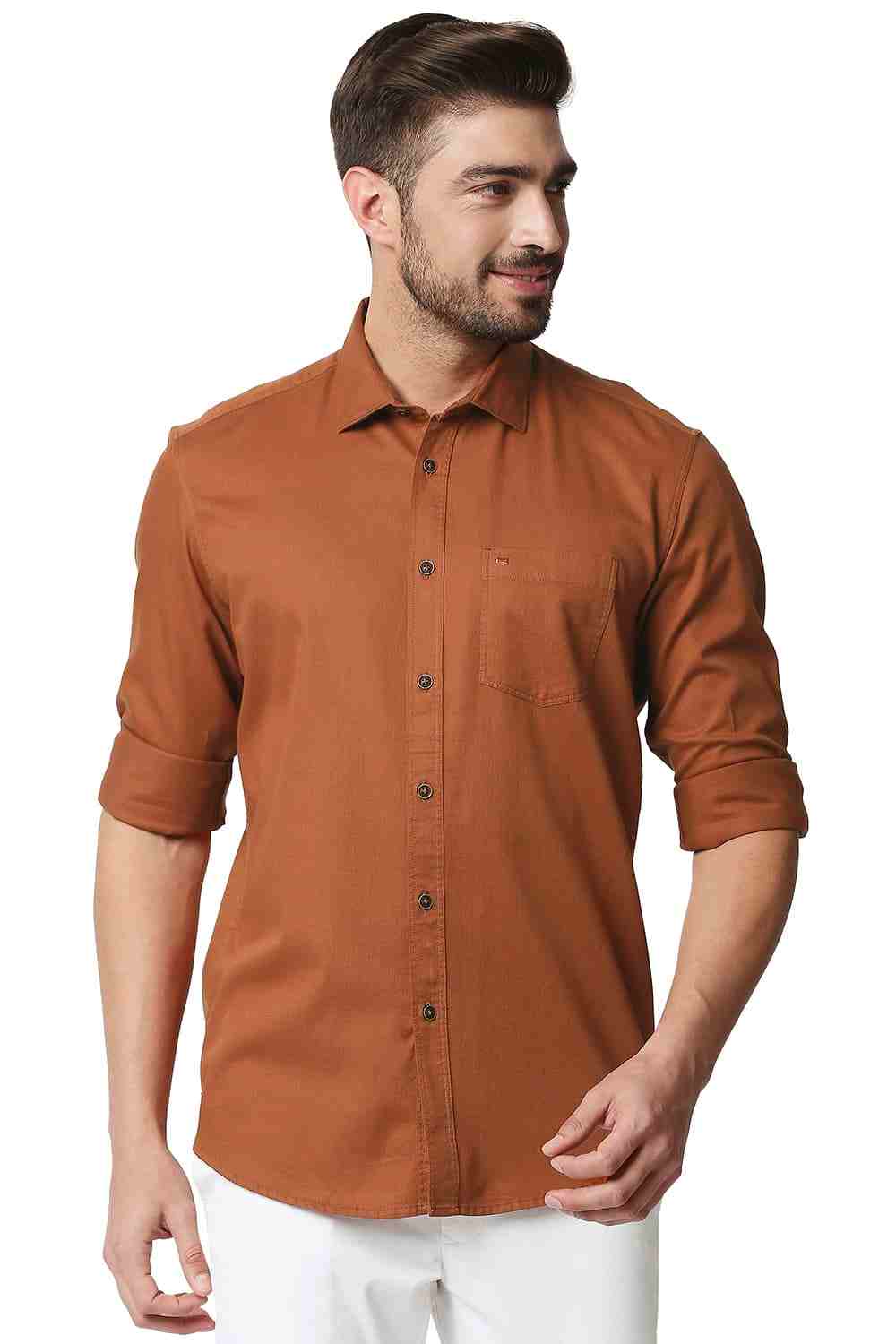 Basics Slim Fit Rust Orange Herringbone Shirt