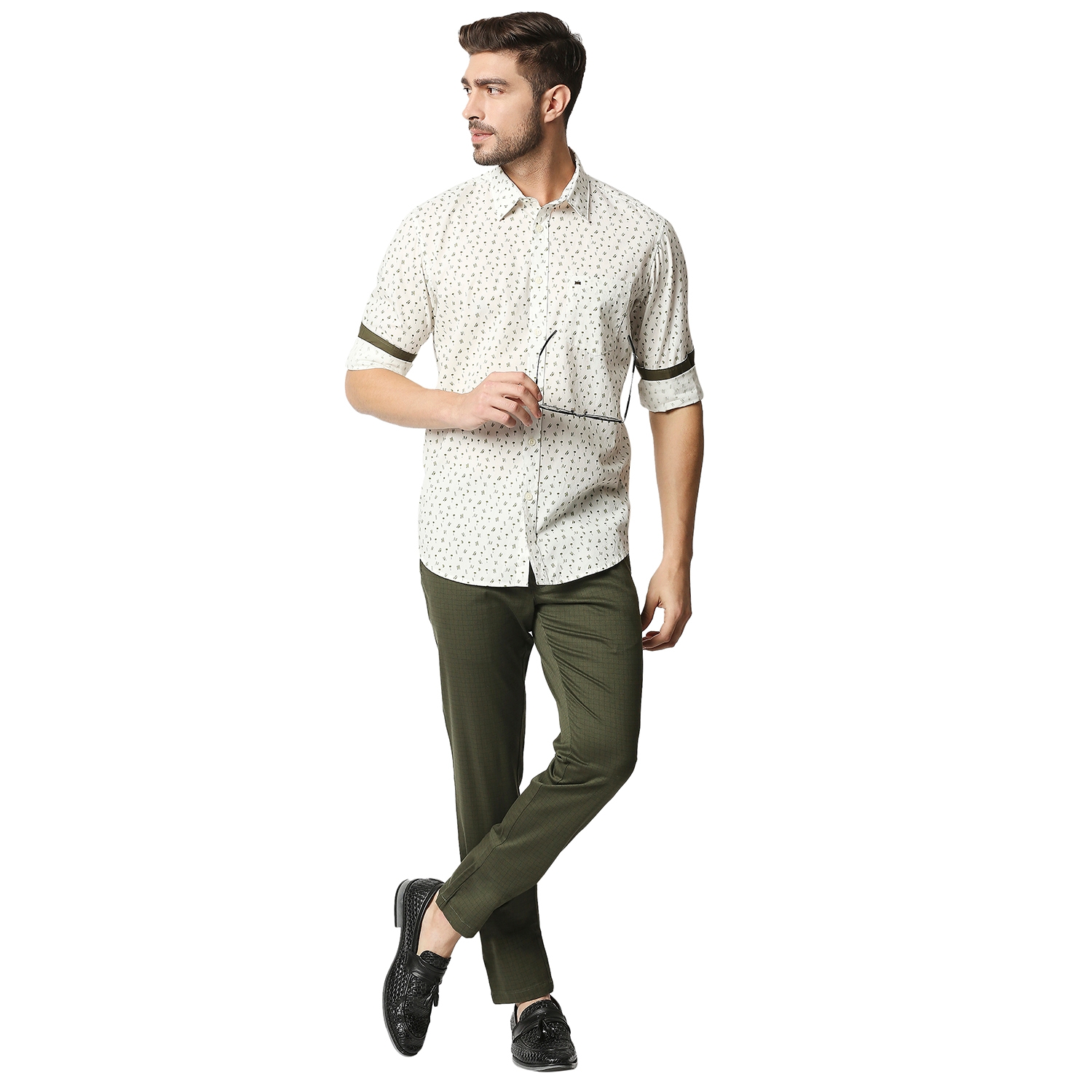 Basics | Men's Beige Cotton Printed Casual Shirt 4