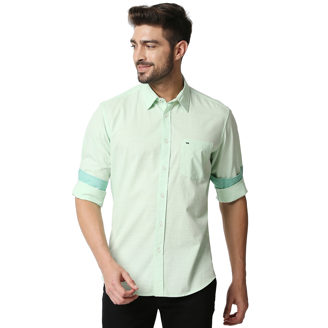 Basics | Men's Green Cotton Solid Casual Shirt 0