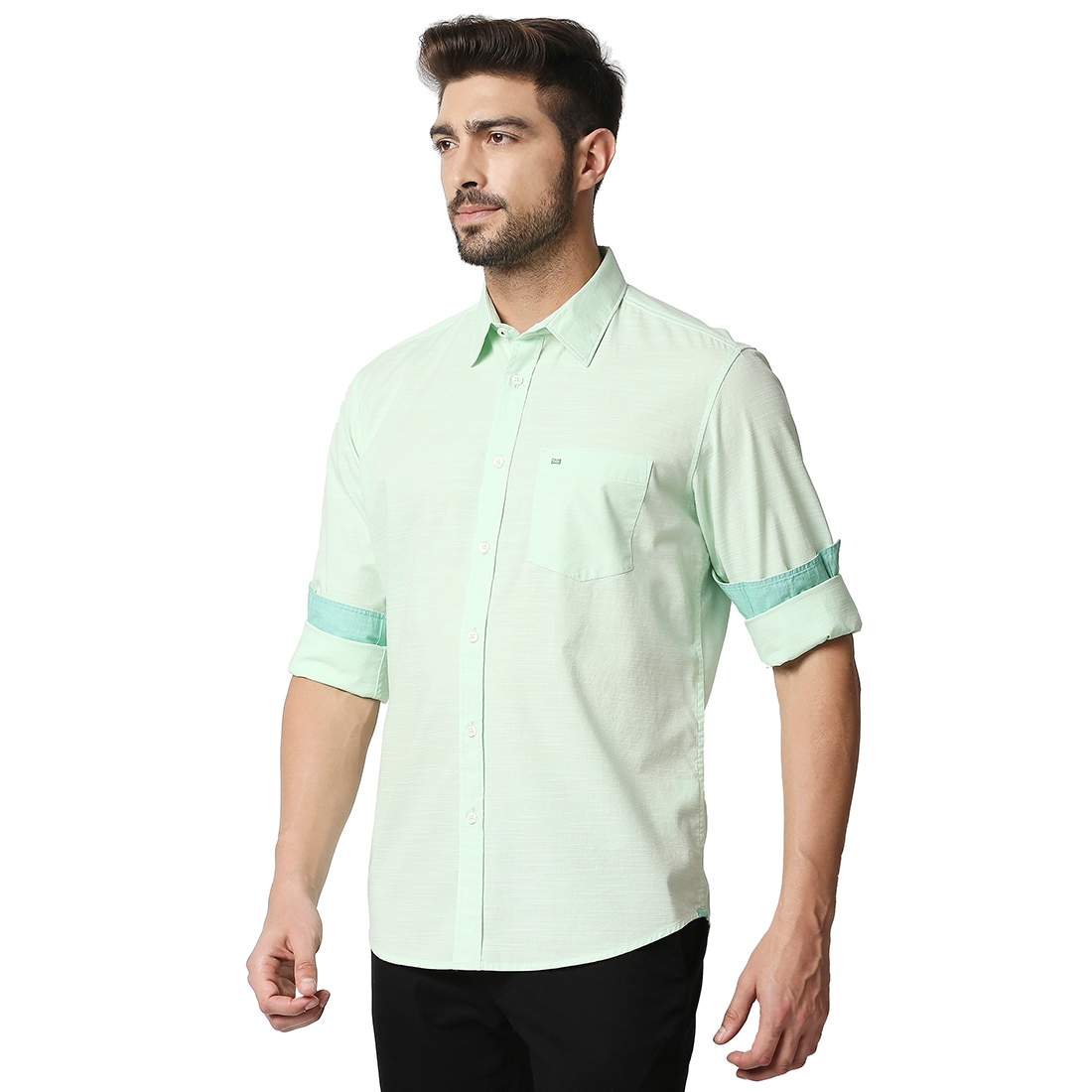 Basics | Men's Green Cotton Solid Casual Shirt 2