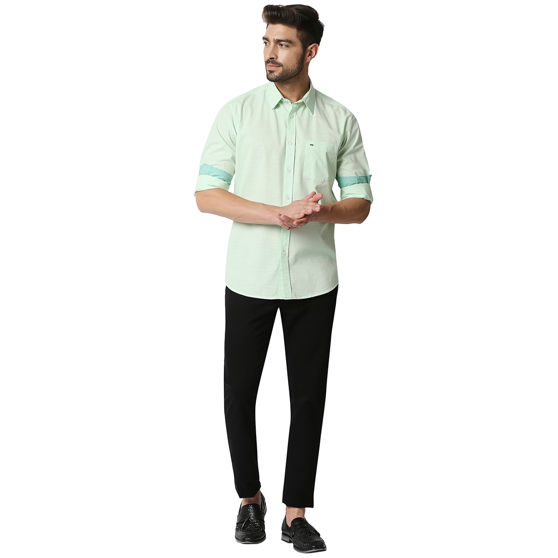 Basics | Men's Green Cotton Solid Casual Shirt 4
