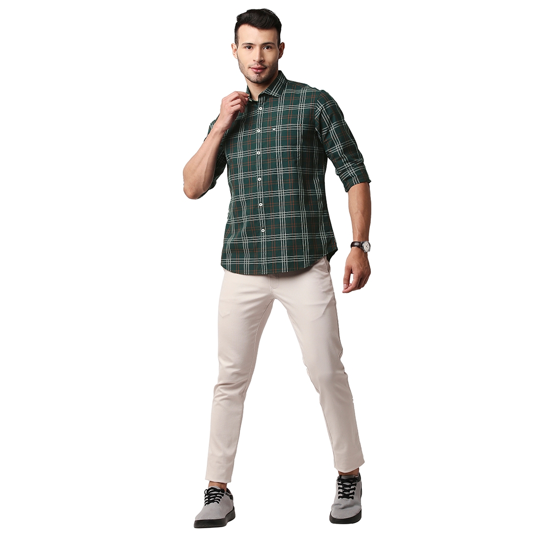 Basics | Men's Green Cotton Solid Casual Shirt 4