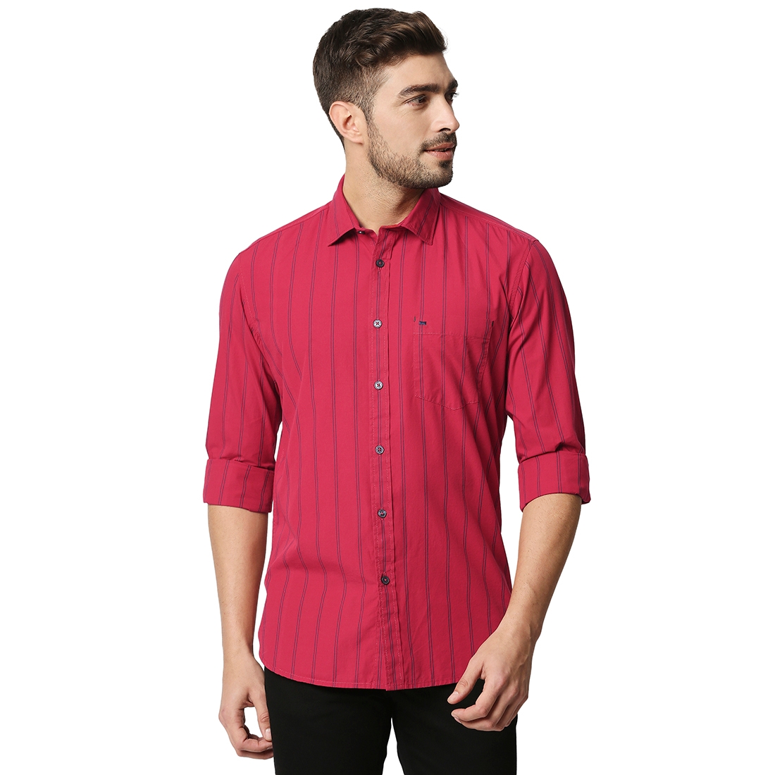 Basics | Men's Red Cotton Striped Casual Shirt 0