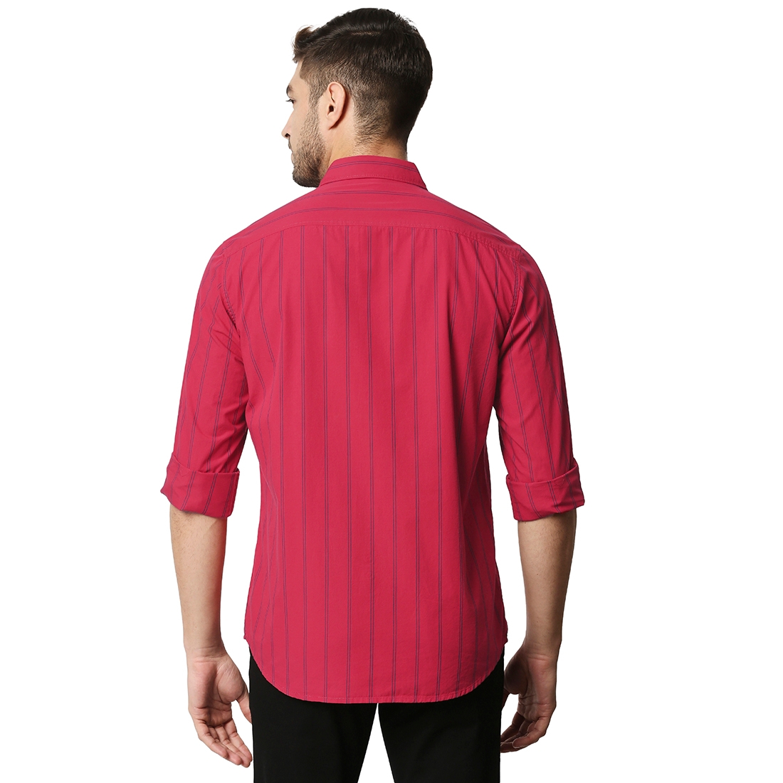 Basics | Men's Red Cotton Striped Casual Shirt 1