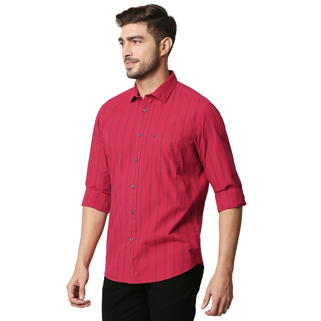 Basics | Men's Red Cotton Striped Casual Shirt 2