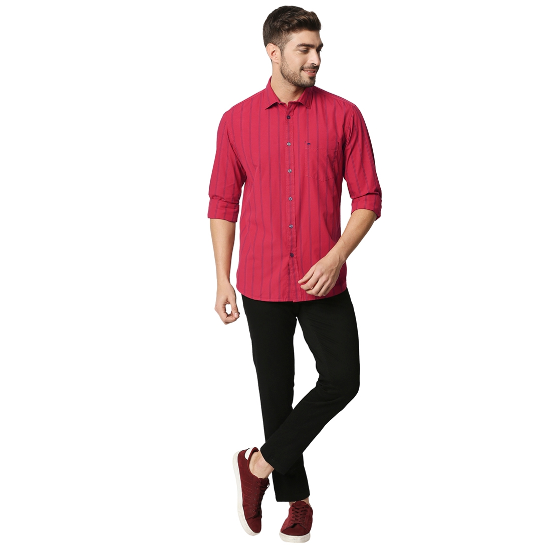 Basics | Men's Red Cotton Striped Casual Shirt 4