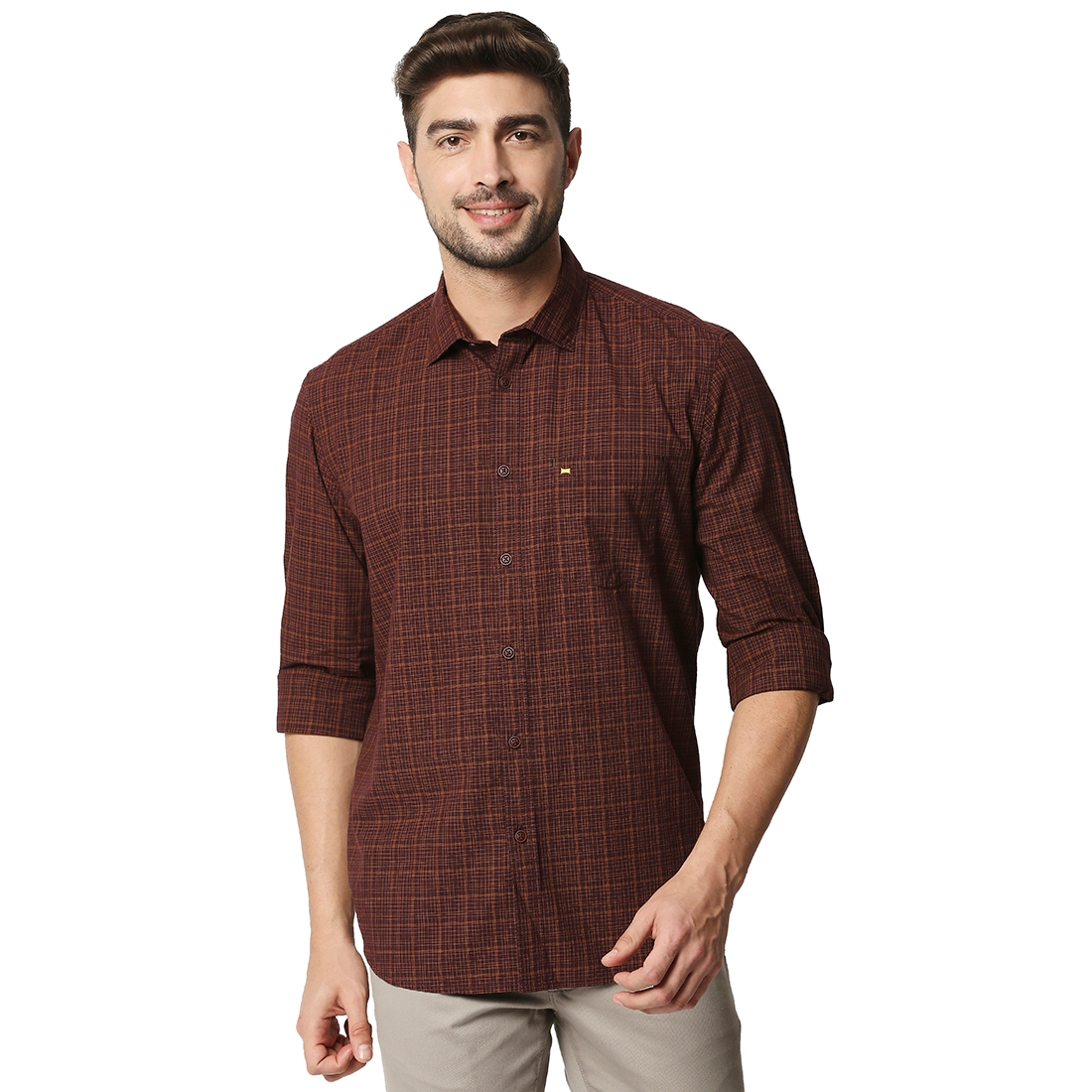 Basics | Men's Brown Cotton Checked Casual Shirt 0