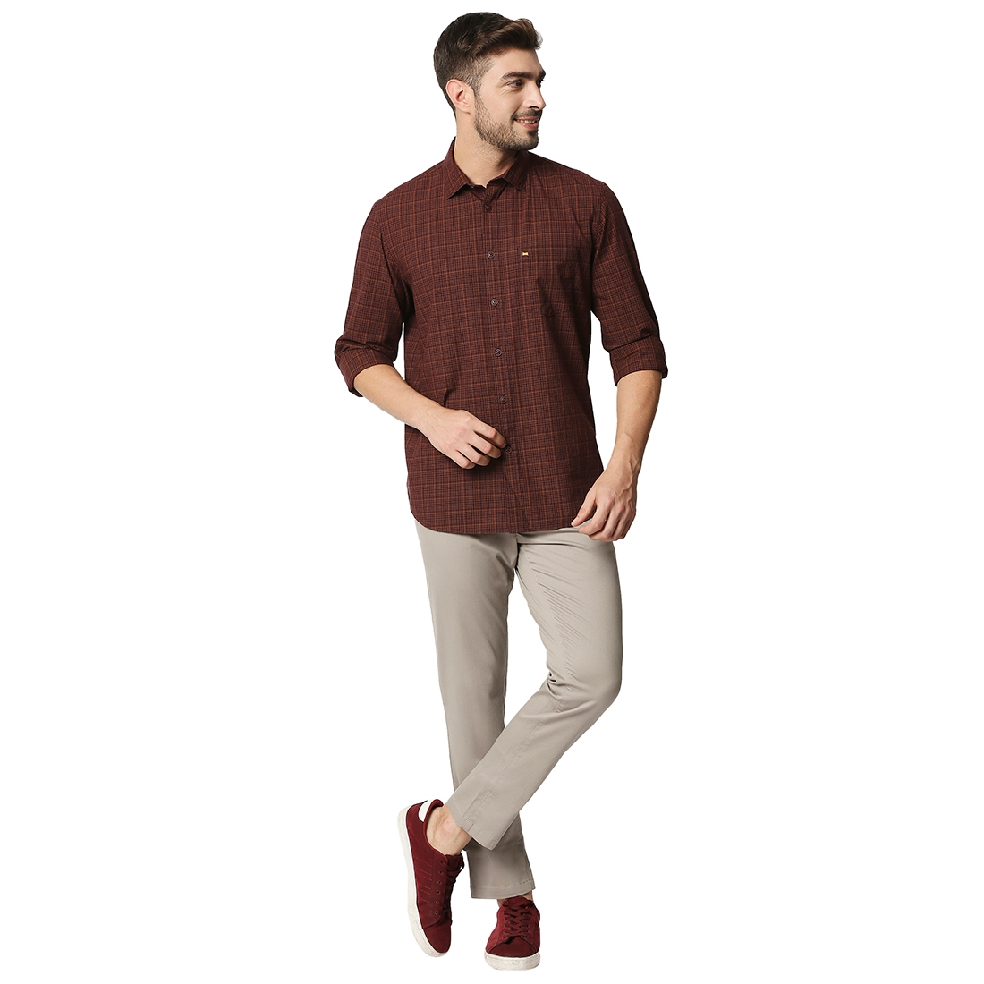 Basics | Men's Brown Cotton Checked Casual Shirt 4