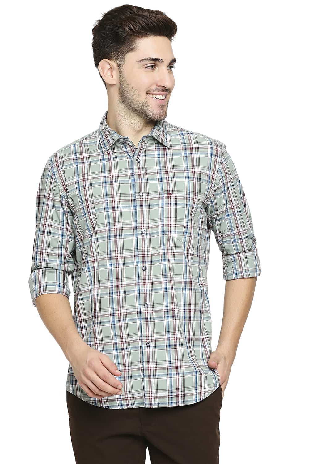 Basics Slim Fit Sage Green Checks Shirt