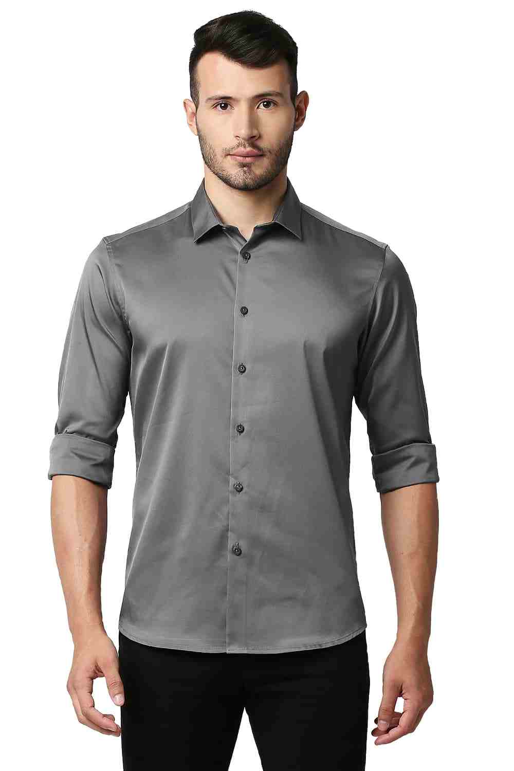 Basics Slim Fit Smoked Grey Polyester Stretch Shirt