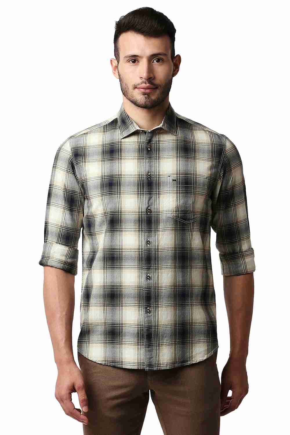 Basics Slim Fit Comfrey Green Herring Bone Twill Checks Shirt