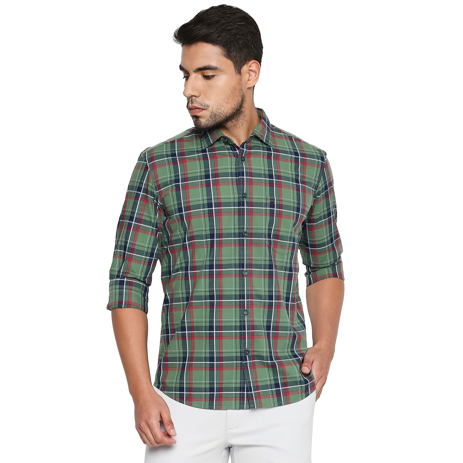 Basics | Men's Green Cotton Checked Casual Shirt 0