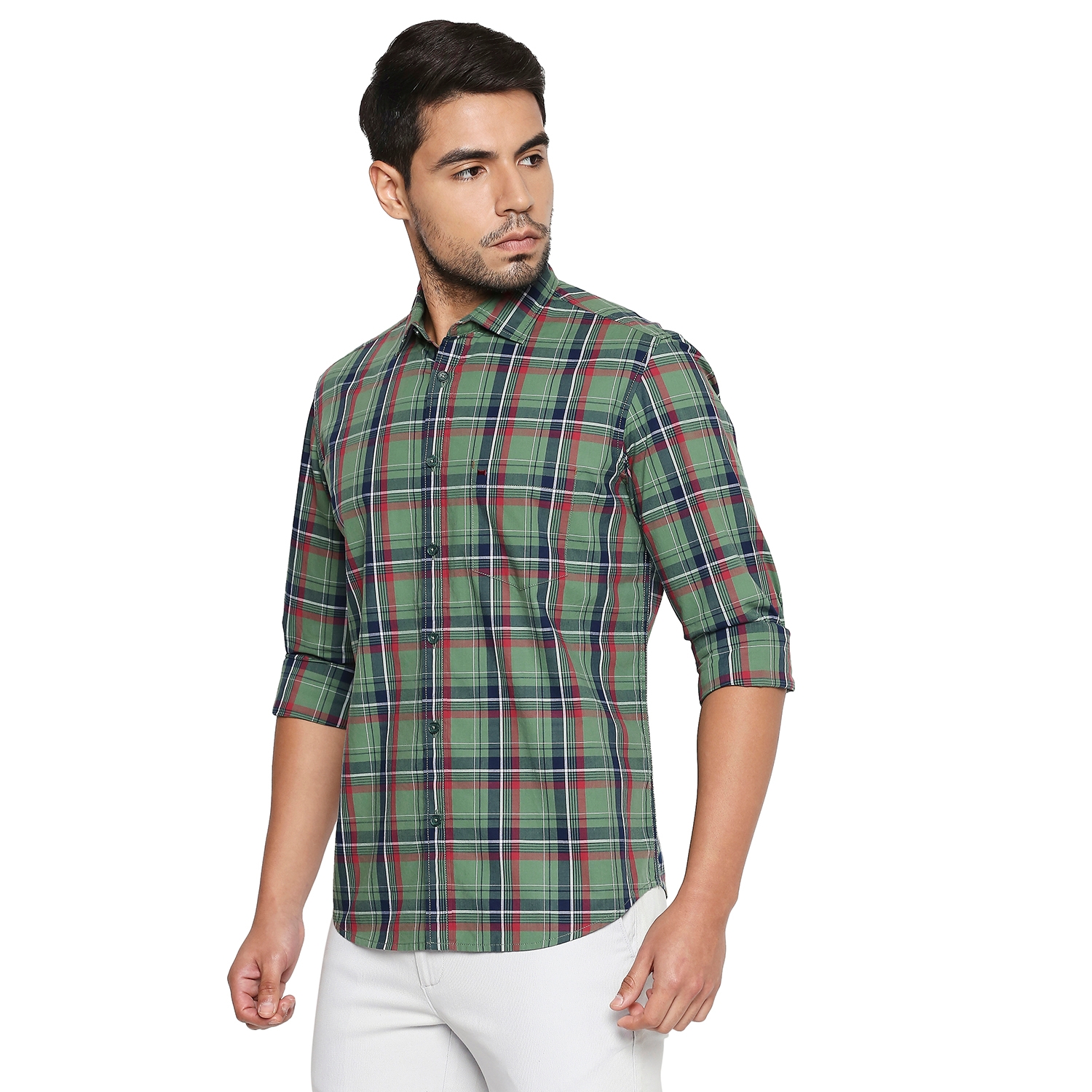 Basics | Men's Green Cotton Checked Casual Shirt 2