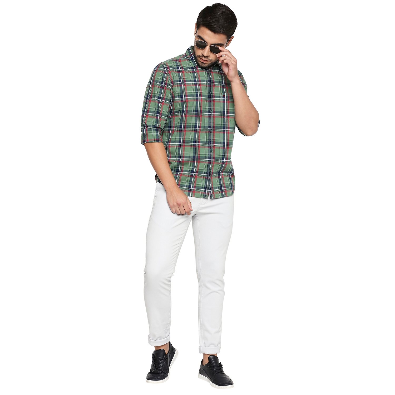 Basics | Men's Green Cotton Checked Casual Shirt 4