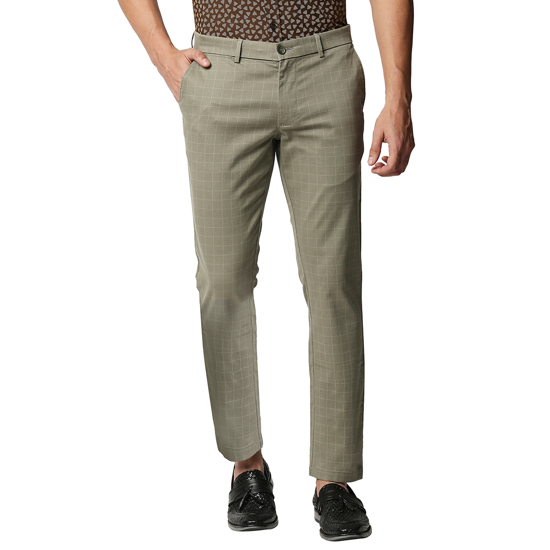 Basics | Men's Light Green Cotton Blend Checked Trouser 0